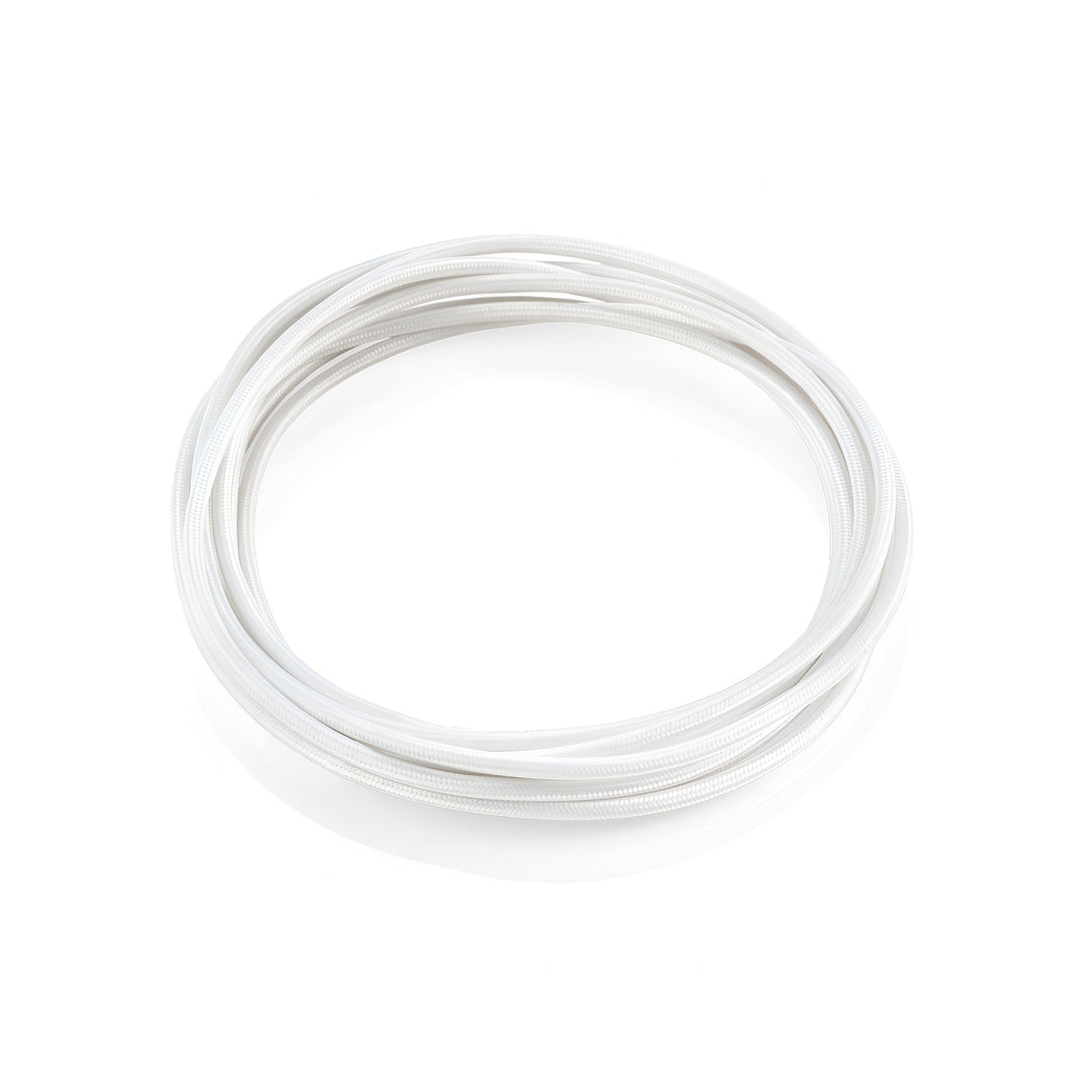 The Next Fabric Lighting Cable 5m - White is neatly coiled in a circular shape against a plain white background, showcasing its smooth, braided texture—ideal for pendant lights.