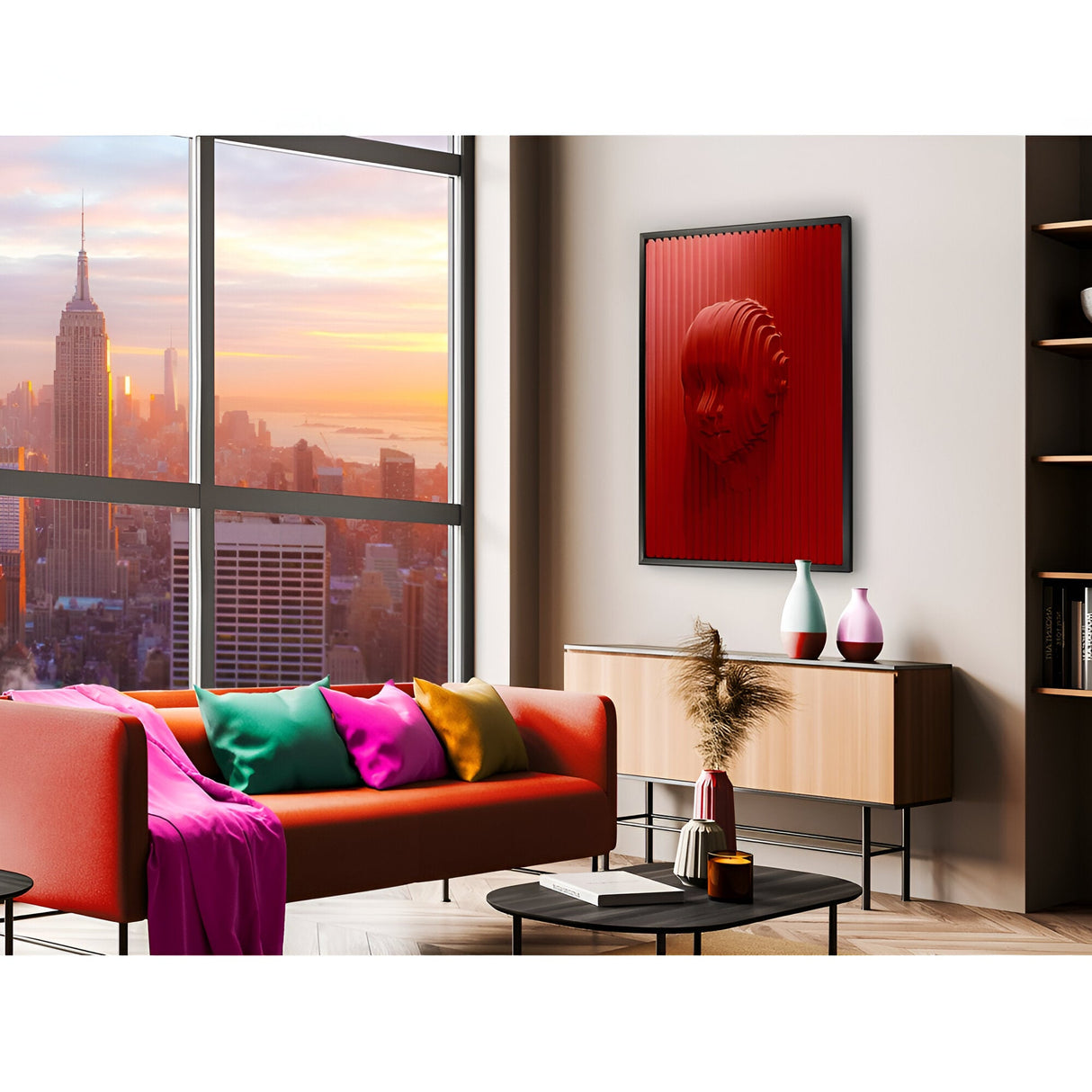 Red Textured Beige Portrait Bas-Relief Wall Panel - 90x120cm