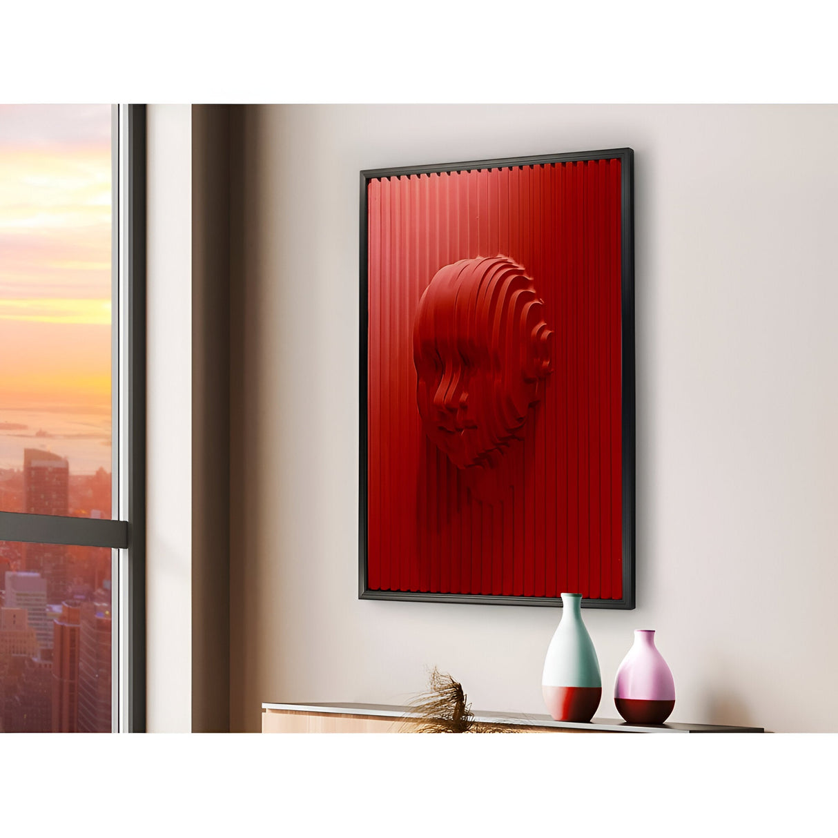 Red Textured Beige Portrait Bas-Relief Wall Panel - 90x120cm