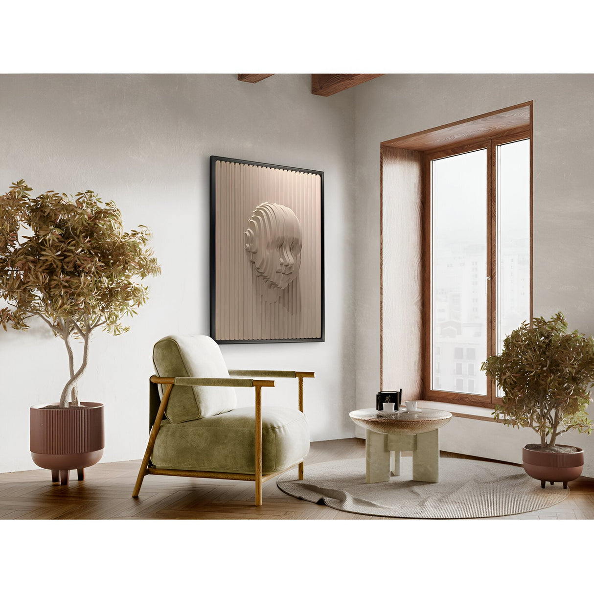 Beige Textured Beige Portrait Bas-Relief Wall Panel - 90x120cm