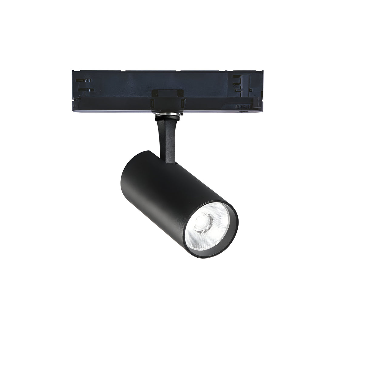 The Ignis LED Three Phase Track Spotlight in black features a cylindrical design with an adjustable mount on a rectangular base. Emitting a 3000K bright white glow, it boasts a CRI90 rating for superior color accuracy.