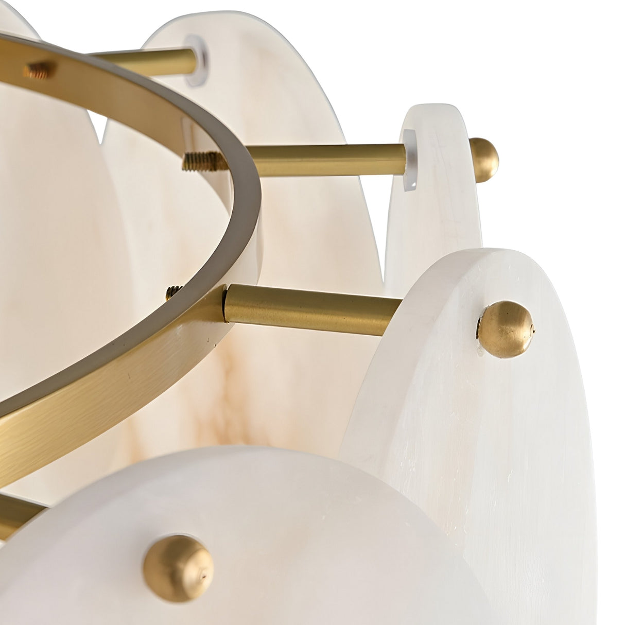 Close-up of the Solyra 6 Light 2 Tier Petal Alabaster Chandelier – Soft White, featuring frosted white oval panels and gold rods on a circular frame for an elegant, petal-inspired look.
