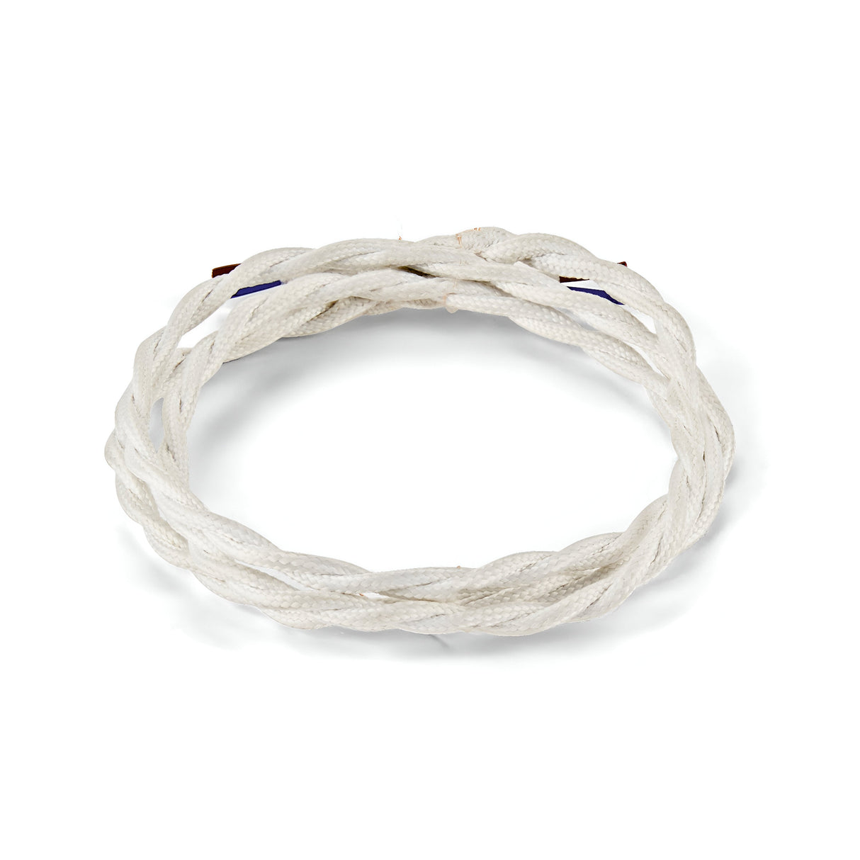 The Next Braided Fabric Cable 10m - White is elegantly coiled into a circle on a pristine white background.