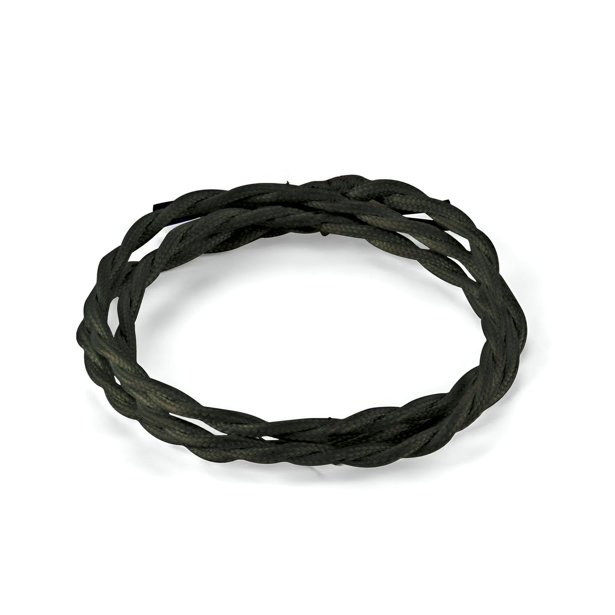 A black braided bracelet crafted from leather features three intertwined strands, creating a circular shape reminiscent of the Next Braided Fabric Cable in black. This elegant piece is showcased against a minimalist, white background.