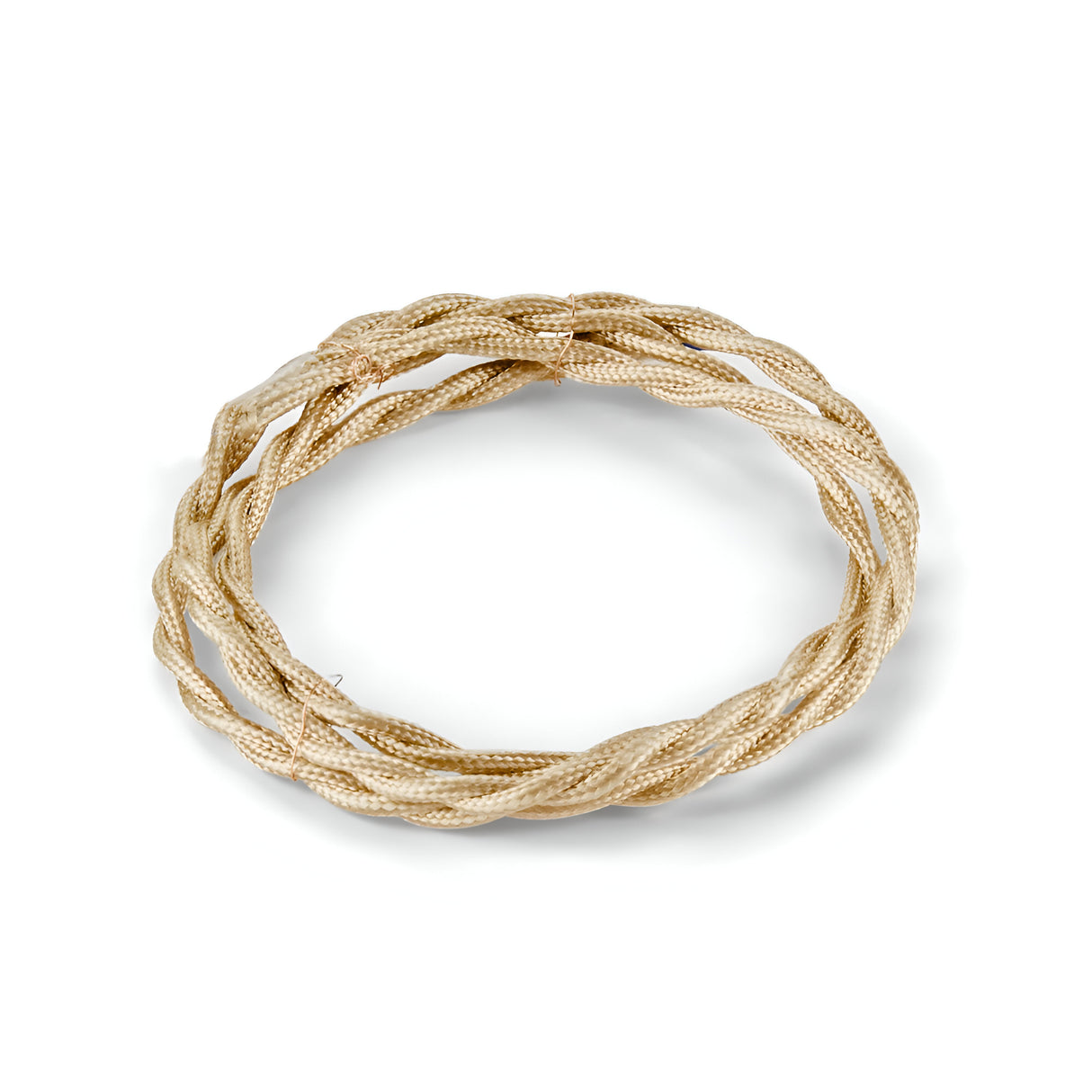 A close-up of the Next Braided Fabric Cable 10m - Brass on a plain white background showcases the intricate, twisted design that enhances its shiny surface and texture, reminiscent of an elegant gold bracelet.