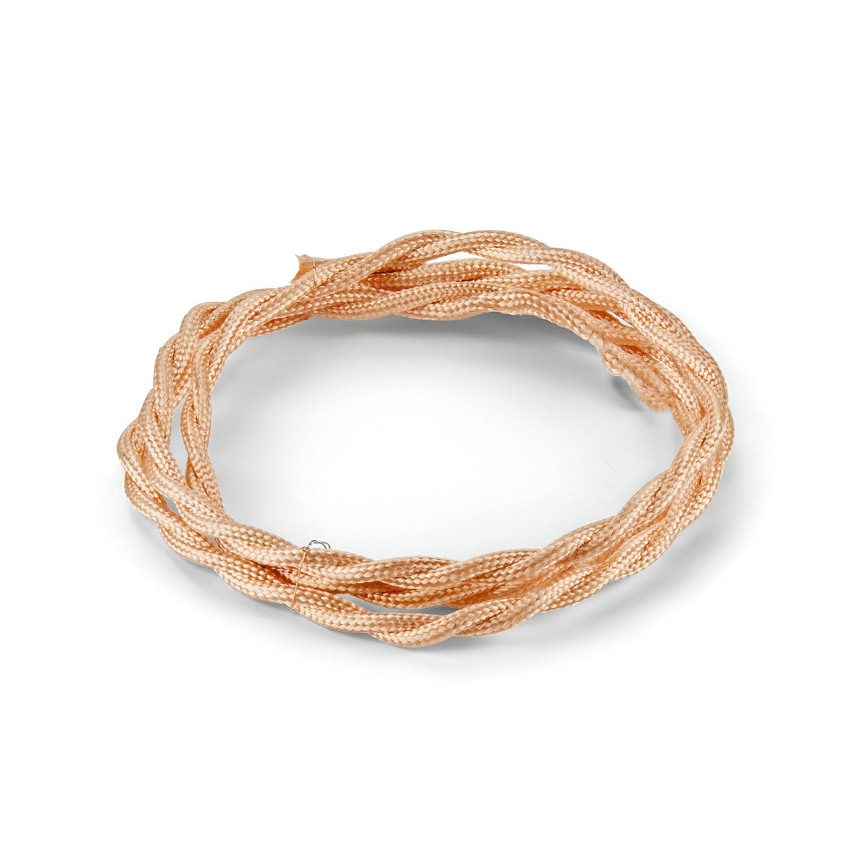 The Next Braided Fabric Cable 10m in Copper forms a circular shape, intricately woven to resemble a twisted copper wire bracelet. Its shiny metallic texture stands out against the smooth white background, evoking elements commonly used in custom lighting projects.