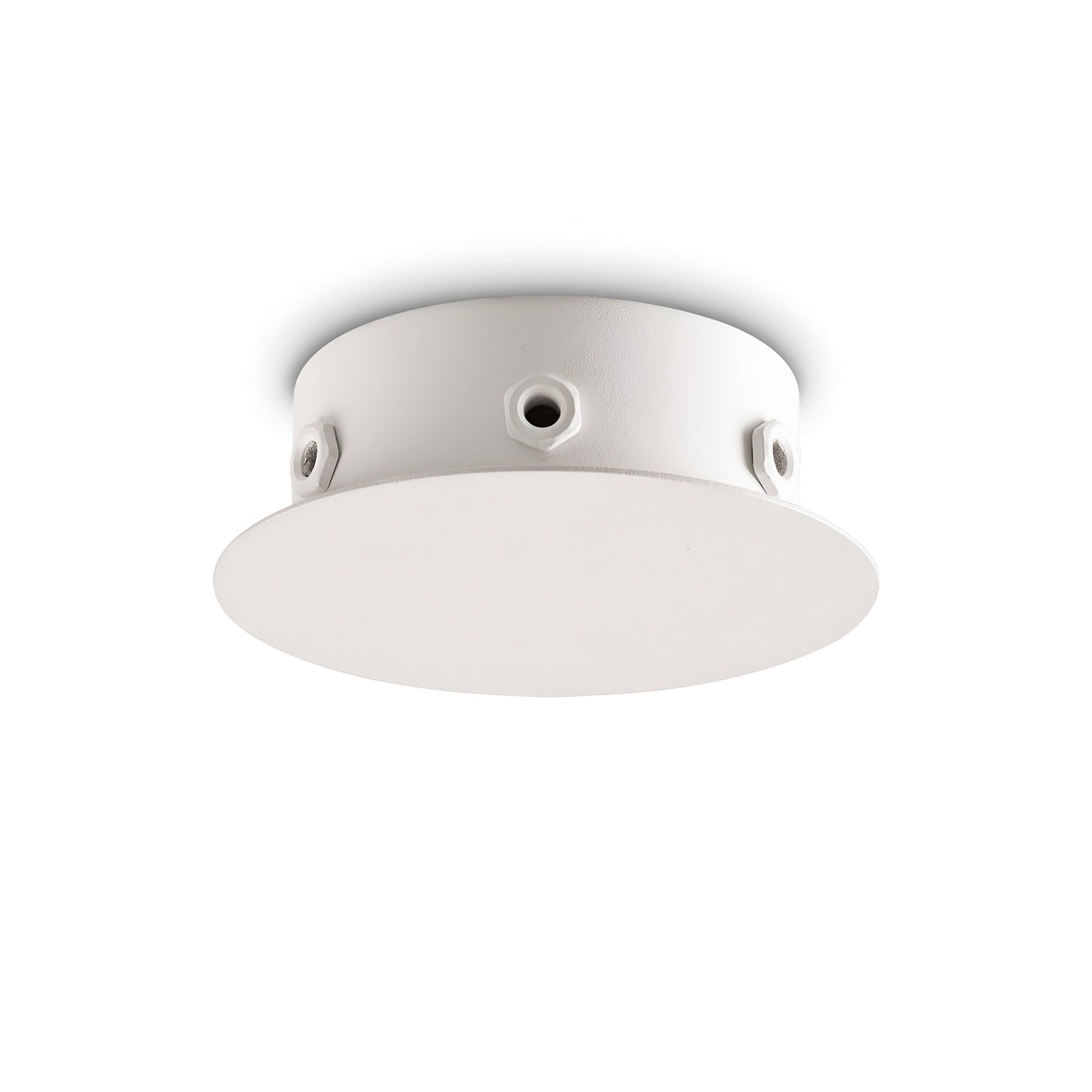 The Glacia 6 Light Magnetic Ceiling Rose in white features a round, smooth, flat surface with screw holes around its side. Its elegant white finish beautifully complements the plain ceiling.