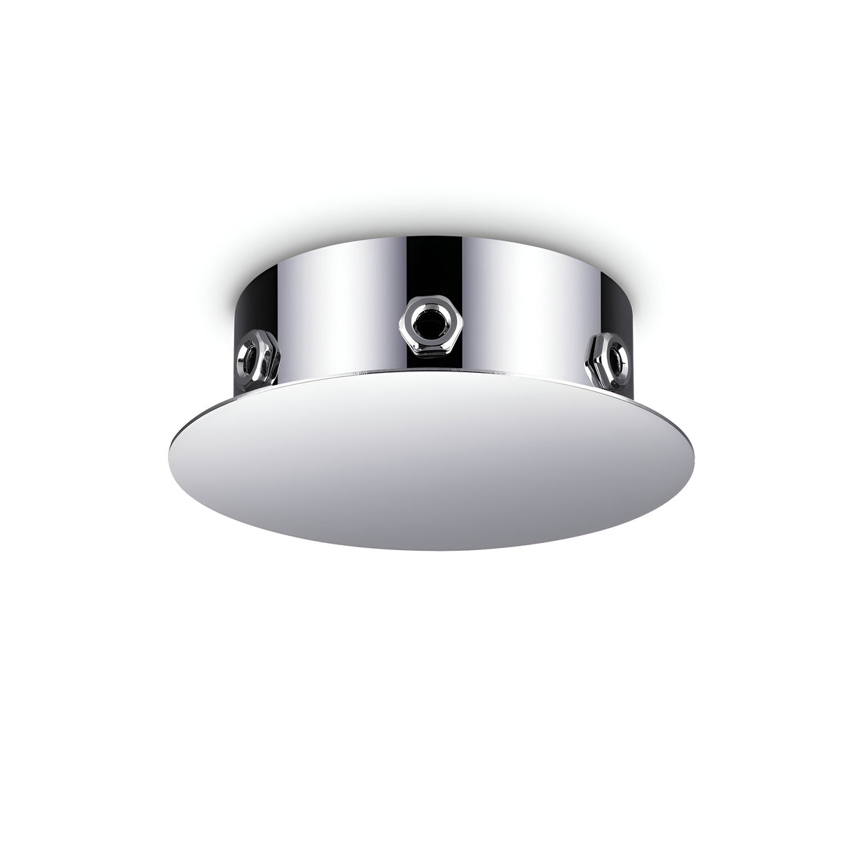 The Glacia 6 Light Magnetic Ceiling Rose in silver boasts a sleek, round metallic design with a smooth, reflective chrome finish highlighted by several small screw details. Its flat, white base offers a striking contrast to the shiny metal sides, perfected by a silver finish. This stylish fixture is ideal for modern interiors.
