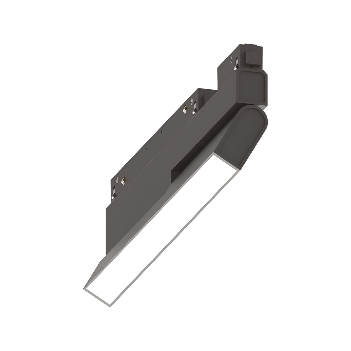 The Luxeon Wide Dimmable LED Adjustable Linear Track Light 7W 3000K 1-10V - Black is a modern, rectangular fixture designed for interior spaces. It features a sleek black housing and an angled design with recessed lighting that offers versatile illumination at a 3000K color temperature.