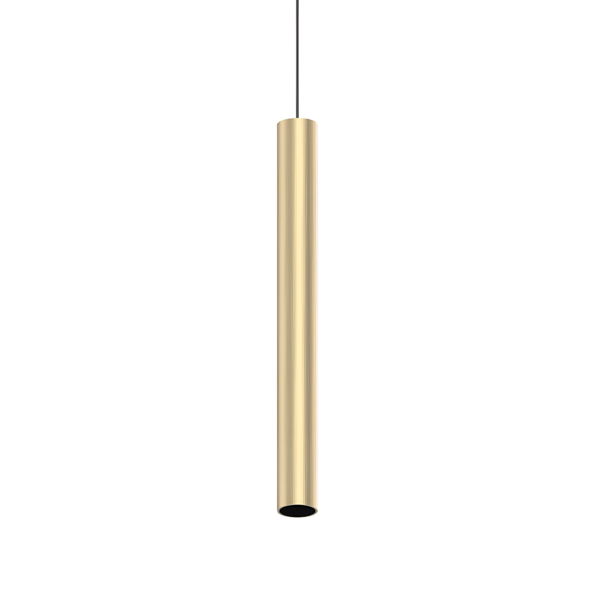A sleek, cylindrical Pure LED Magnetic Track Pendant 12W 3000K in gold hangs vertically from a thin black cord. The minimalist design showcases a smooth, metallic surface, offering an adjustable lighting fixture that's a stylish addition to modern interiors.