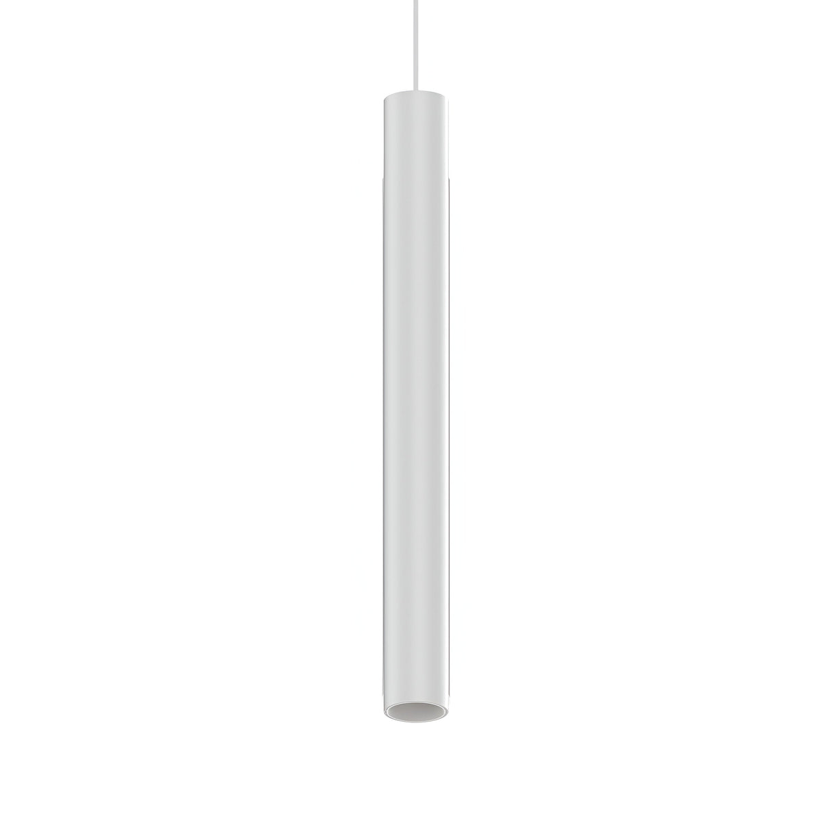 The Pure LED Magnetic Track Pendant 12W 3000K in white is a sleek, minimalist cylindrical light made from an extruded aluminium profile. It is elegantly suspended by a thin cord against a plain white background and includes a dimmable feature for customizable lighting.