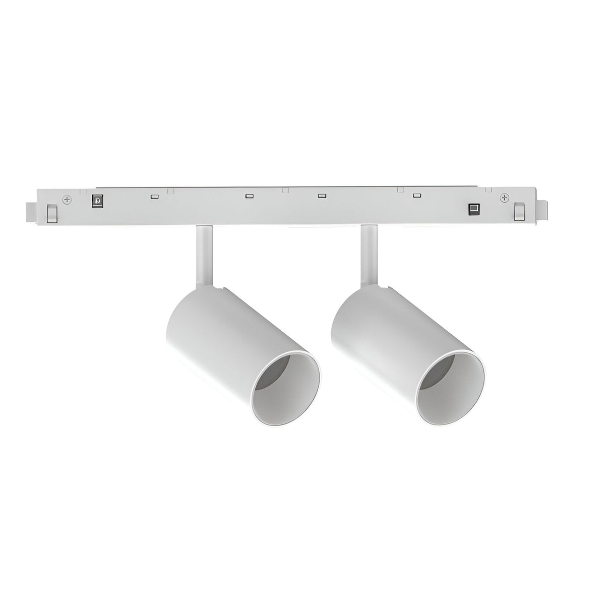 The Luxeon Dimmable LED Magnetic Twin Track Spotlight 16W 3000K 1-10V in white boasts two adjustable cylindrical lights mounted on a straight bar, offering modern style and functionality with dimmable LED spotlights against a plain white background.