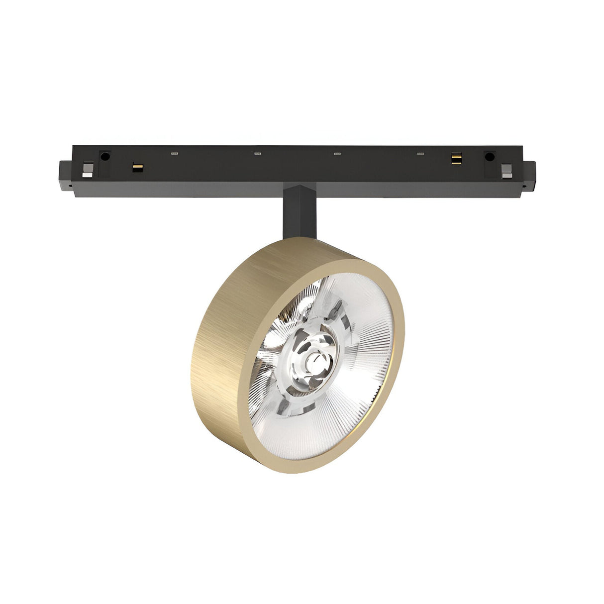 Introducing the Luxeon Dimmable LED Magnetic Track Spotlight 9W 3000K 1-10V in Brass, a modern ceiling light fixture featuring a cylindrical brass-toned housing with a reflective inner surface. This fixture is mounted on a magnetic track lighting system and showcases clean lines with its contemporary design. It includes a dimmable LED spotlight to create the perfect ambiance.