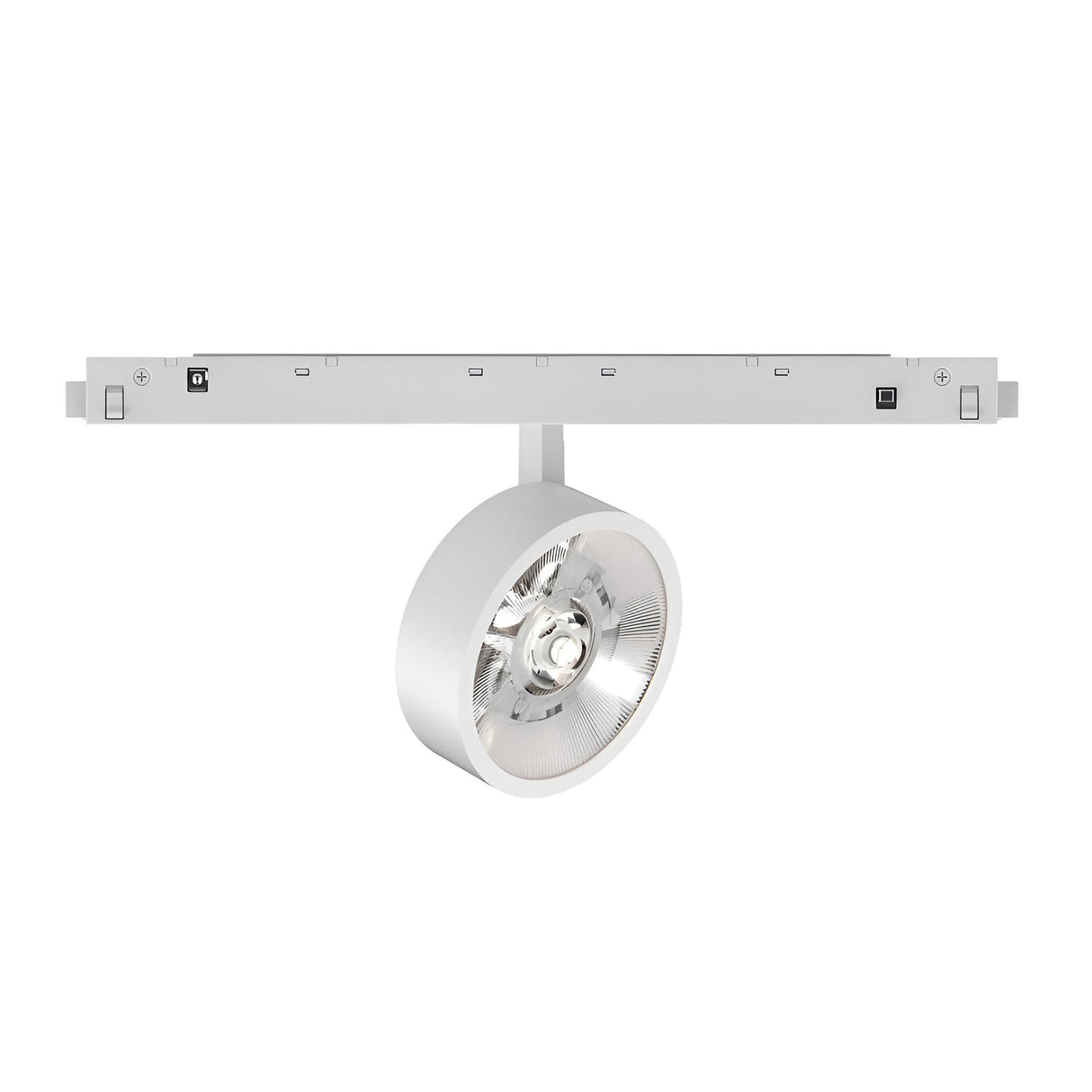 The Luxeon Dimmable LED Magnetic Track Spotlight 9W 3000K 1-10V in white features a circular, reflective head mounted on a rectangular track, emitting a warm 3000K light perfect for contemporary interiors with its modern and minimalist design.