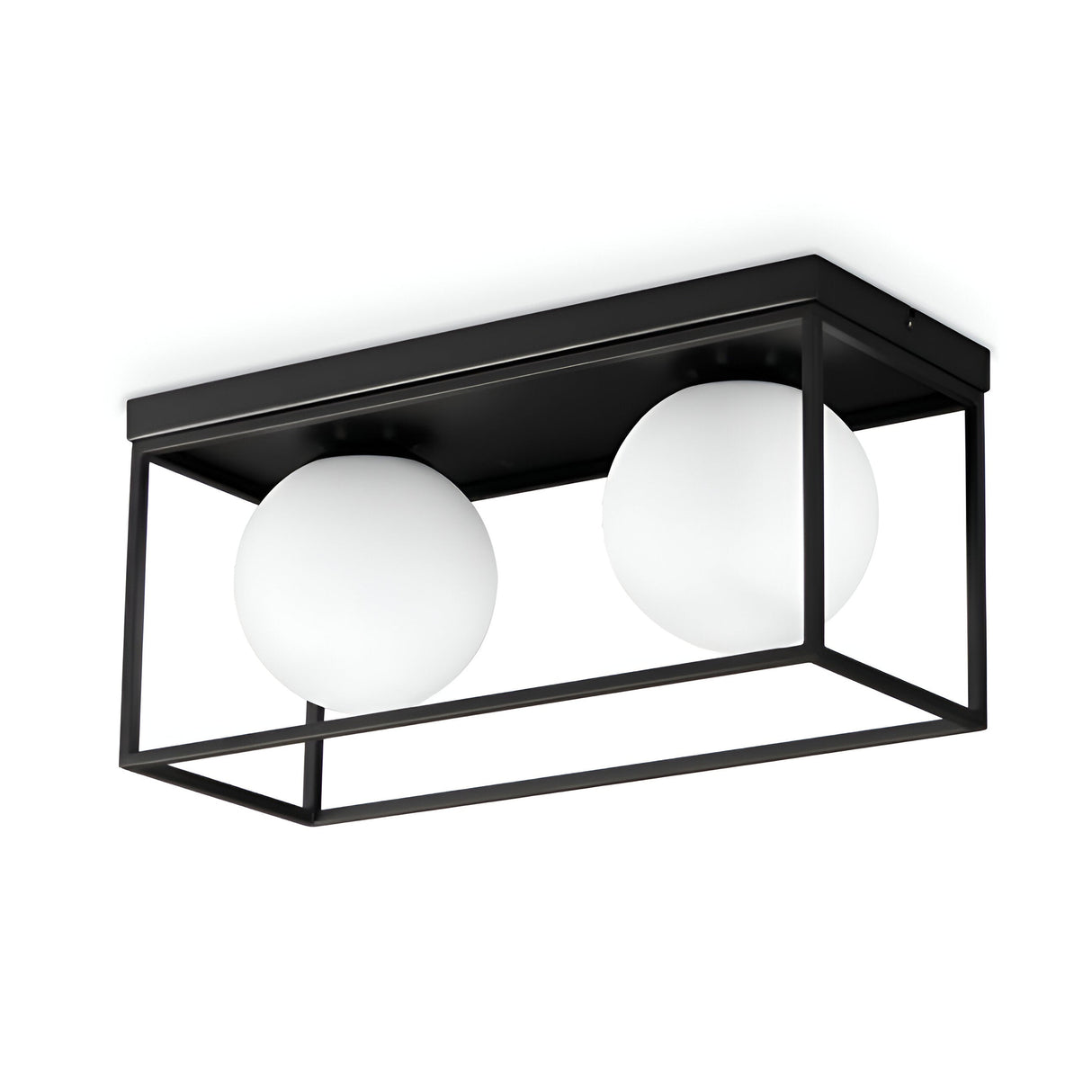 The Dawn 2 Light Flush - Black is a modern ceiling light fixture with a rectangular black metal frame and dual light sources provided by two spherical white glass bulbs. This flush-mounted design seamlessly combines industrial and contemporary styles.