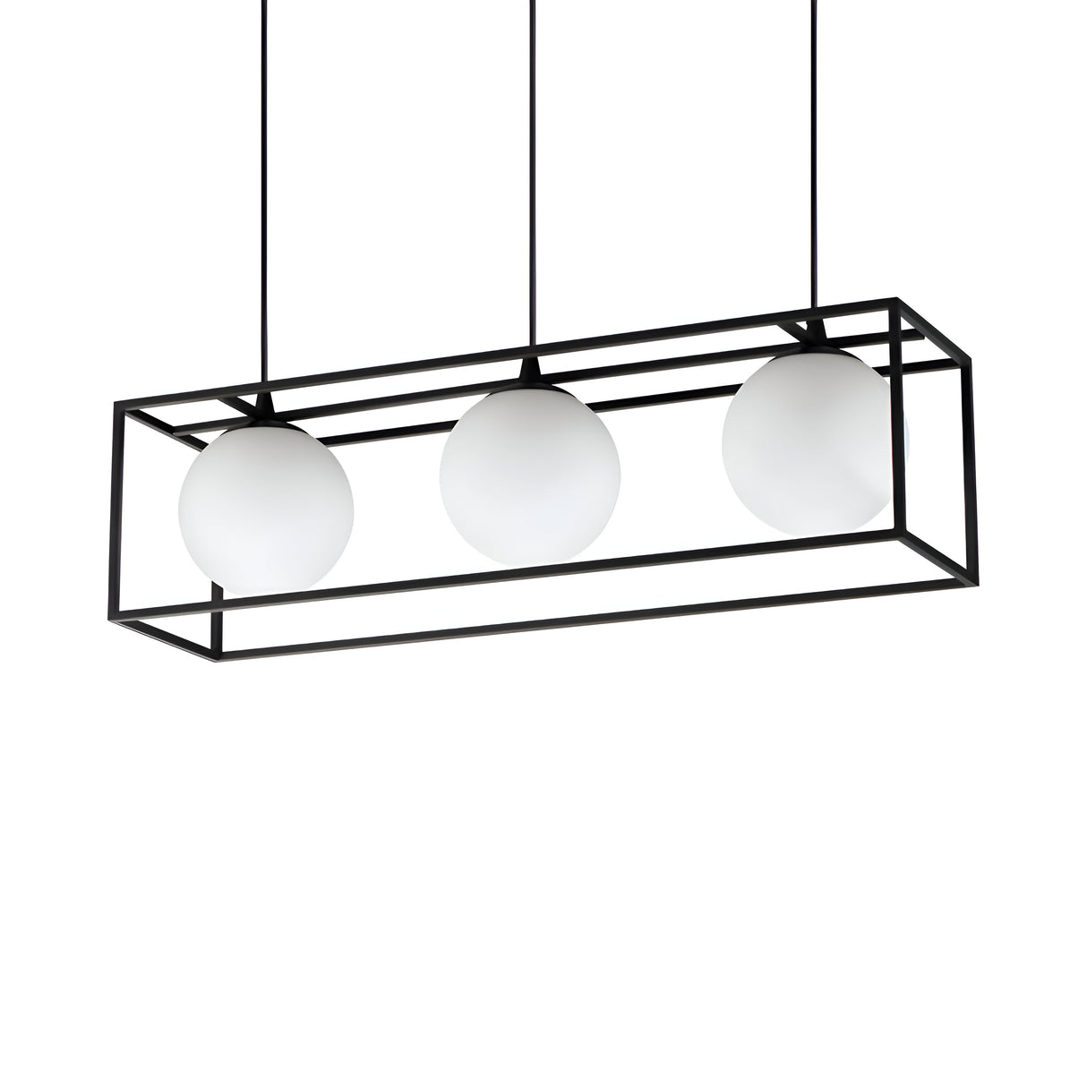 The Dawn 3 Suspension Light - Black showcases three spherical white lamps gracefully suspended within a minimalist rectangular frame. Its sleek, matte black finish highlights contemporary geometric shapes.