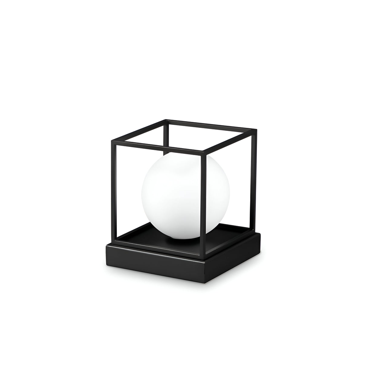 Introducing the "Dawn Small Table Lamp - Black," a modern lighting piece with minimalist design. It features a white spherical light encompassed by an elegant black metal cube frame, all set on a sleek, square black-finished base.
