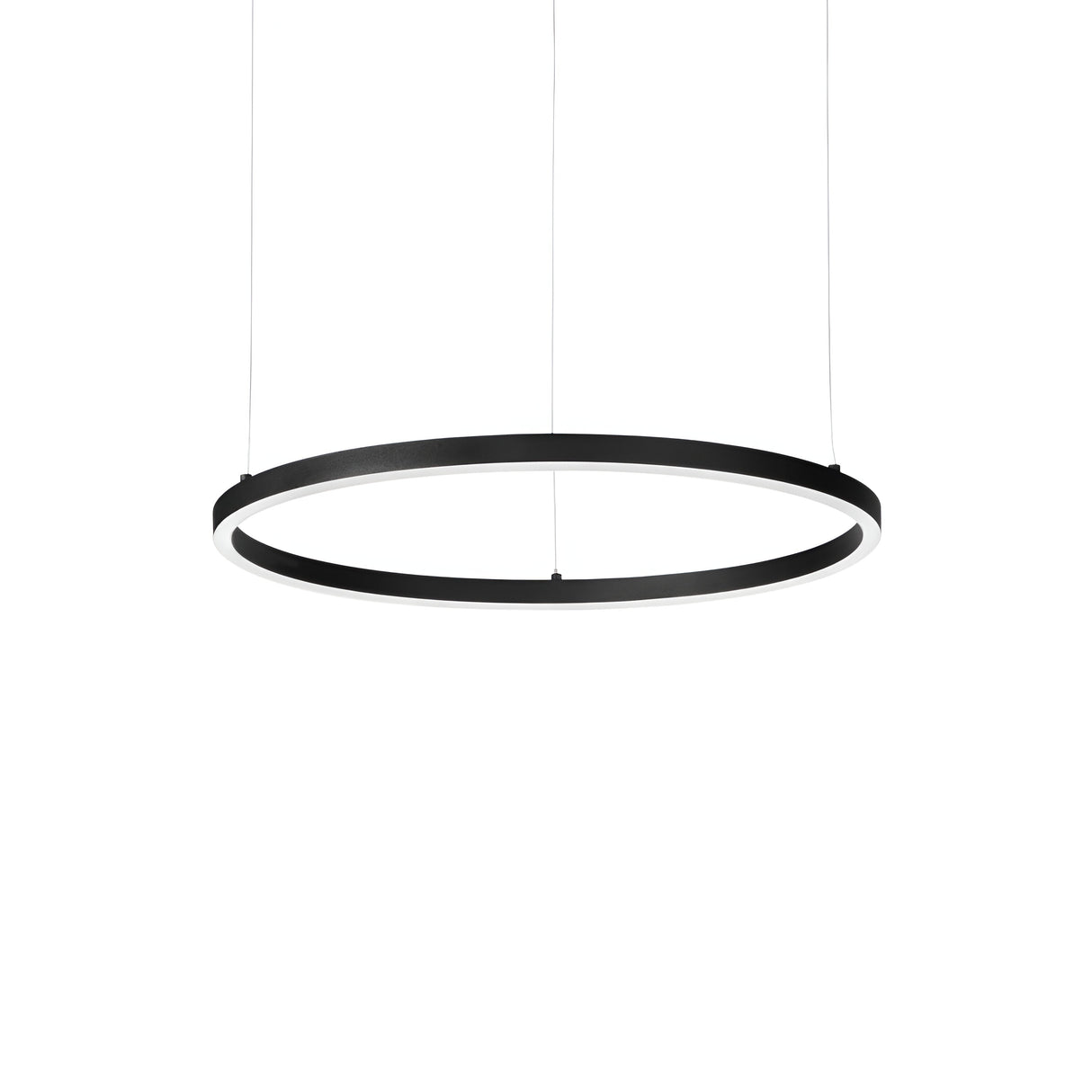 The Arcena Round LED Suspension Light - 4000K, Black, 50cm features a sleek and modern design with its minimalist black circular pendant. It is elegantly suspended from thin wires against a white background, providing warm white LED lighting that brings sophistication to any space.