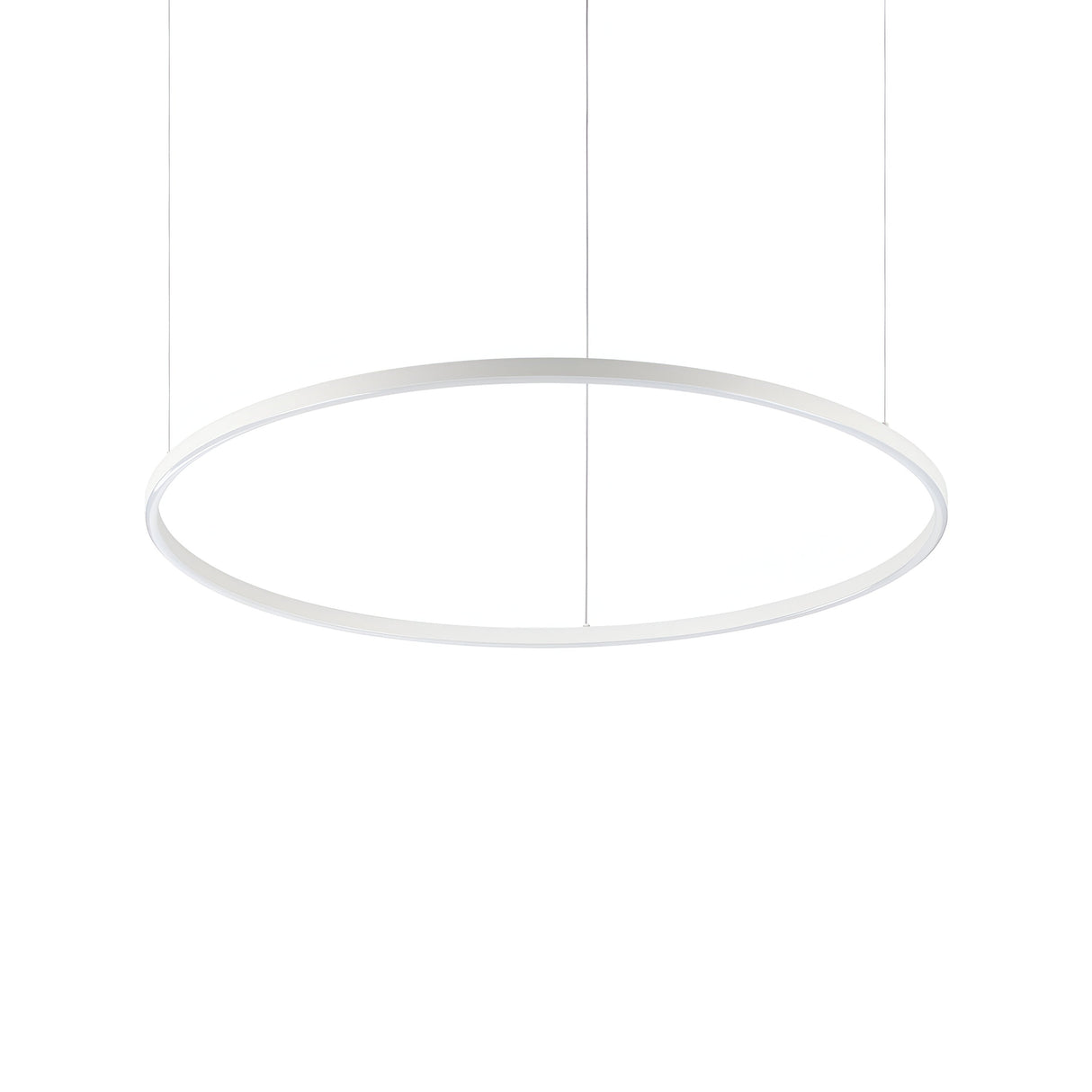 The Arcena Round LED Suspension Light - Dimmable, 3000K, White, 90cm is a modern, minimalist fixture showcasing an energy-efficient LED thin white ring. It is gracefully suspended from the ceiling by two wires against a plain white background.