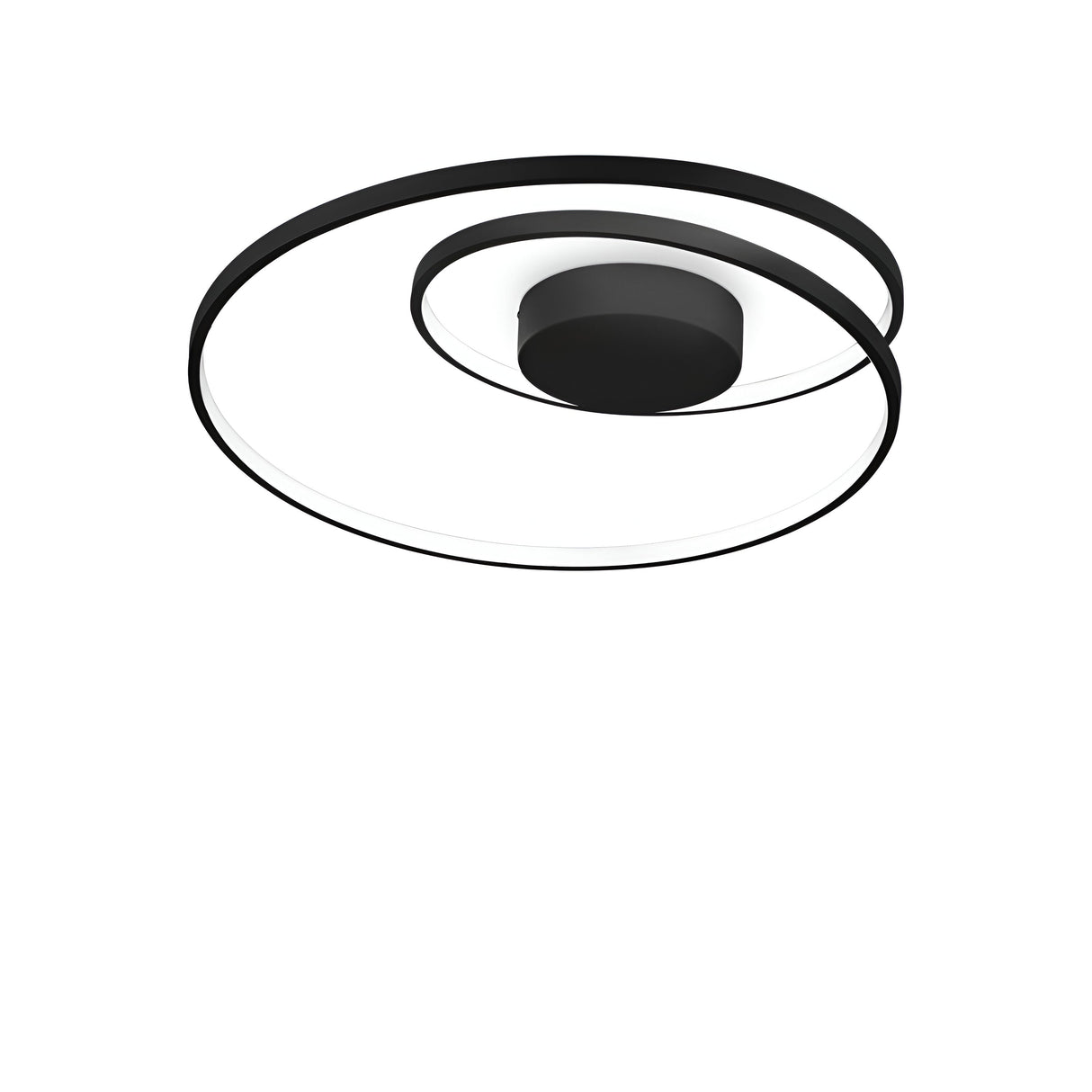 The Glistis Dimmable LED Ceiling Light - Black, 48W offers a contemporary lighting solution with its elegant spiral design featuring black outer edges and a white interior. It incorporates energy-efficient LED technology, is circular in shape, and mounts seamlessly onto a white ceiling.