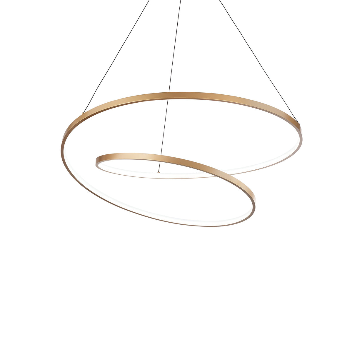 Introducing the Glistis Dimmable LED Suspension Light 3000K, 48W - Brass, 60cm. This sophisticated pendant fixture features a modern spiral design with two concentric circular rings. It is elegantly suspended by thin wires and emits a soft white glow, perfect for energy-efficient lighting in contemporary spaces.