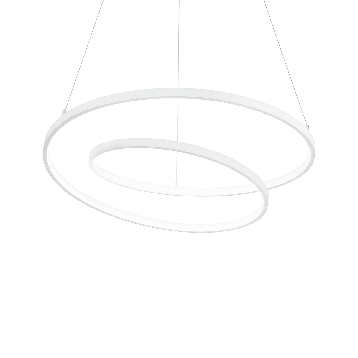 Introducing the Glistis Dimmable LED Suspension Light: A sleek and minimalistic white circular pendant light featuring two overlapping rings. This fixture incorporates energy-efficient LED technology and is designed with an adjustable height, suspended from thin wires for a sophisticated contrast against a plain white backdrop.