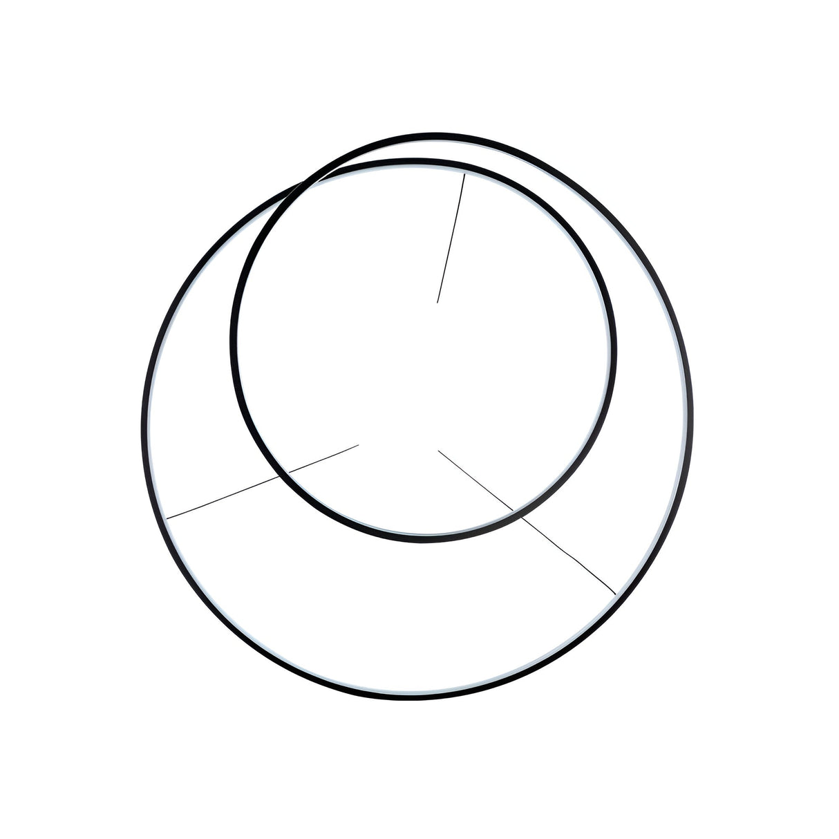 Two overlapping black circles on a white background create a shape similar to a stylized leaf or petal, with thin black lines extending from the points of intersection. This geometric pattern exudes a modern aesthetic reminiscent of the Glistis Dimmable LED Suspension Light 3000K, 55W - Black, 80cm.