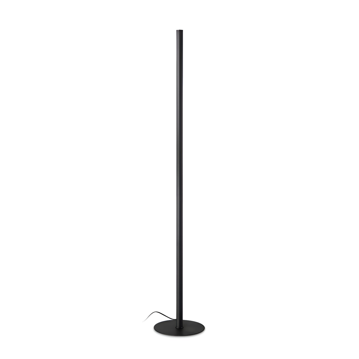 Introducing the Noctis LED Floor Lamp 24W 3000K - Black: a stylish addition to modern interiors. This lamp boasts a minimalist design with a sleek black finish, featuring a tall, slim pole and a circular base. Its adjustable lighting effortlessly elevates any space. The cable is visible at the bottom against a simple white backdrop.