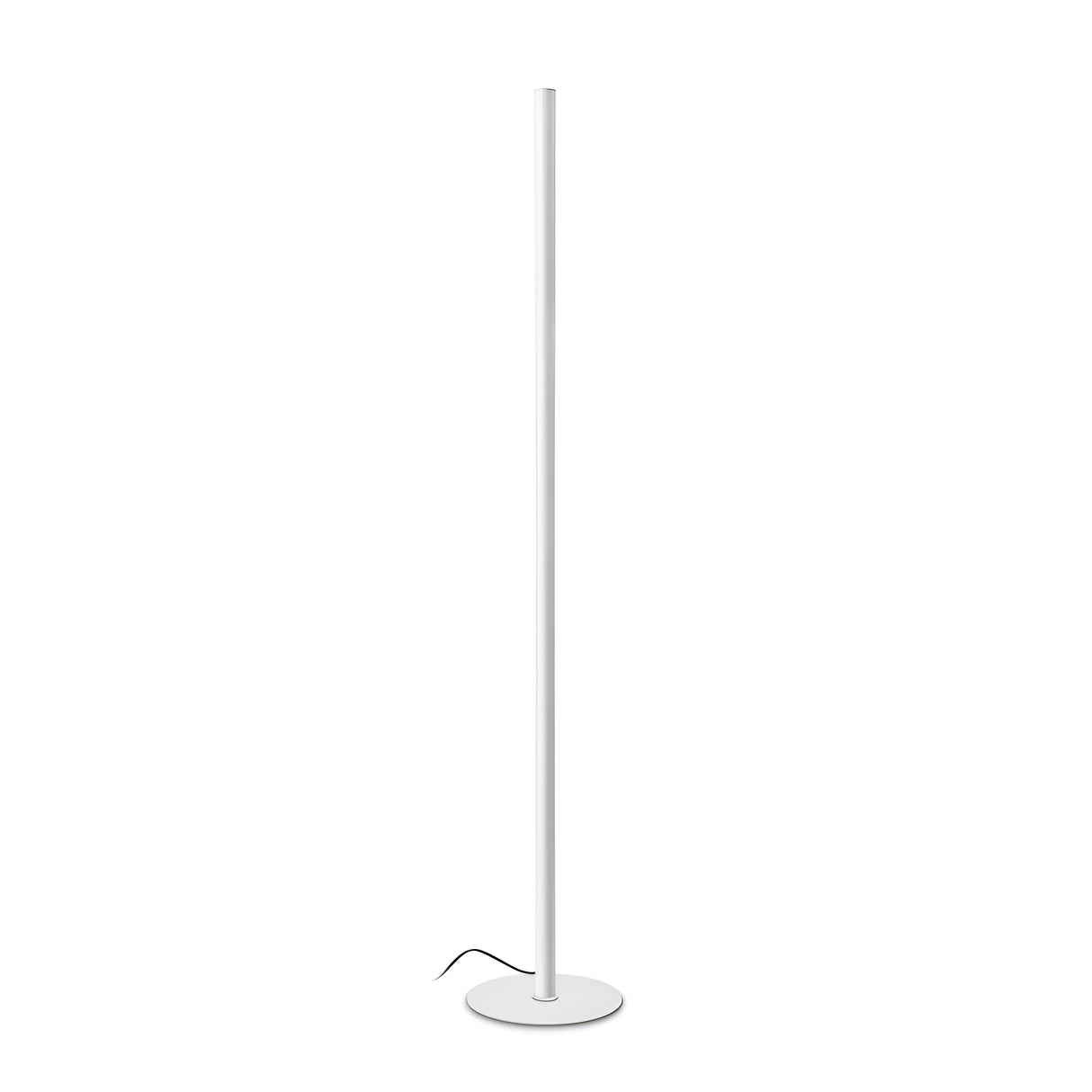 The Noctis LED Floor Lamp 24W 3000K - White is constructed from powder-coated aluminium and boasts a minimalist design. Its slim cylindrical frame stands on a circular base, complemented by adjustable lighting control for enhanced functionality. The sleek white appearance is contrasted by a visible black power cord.