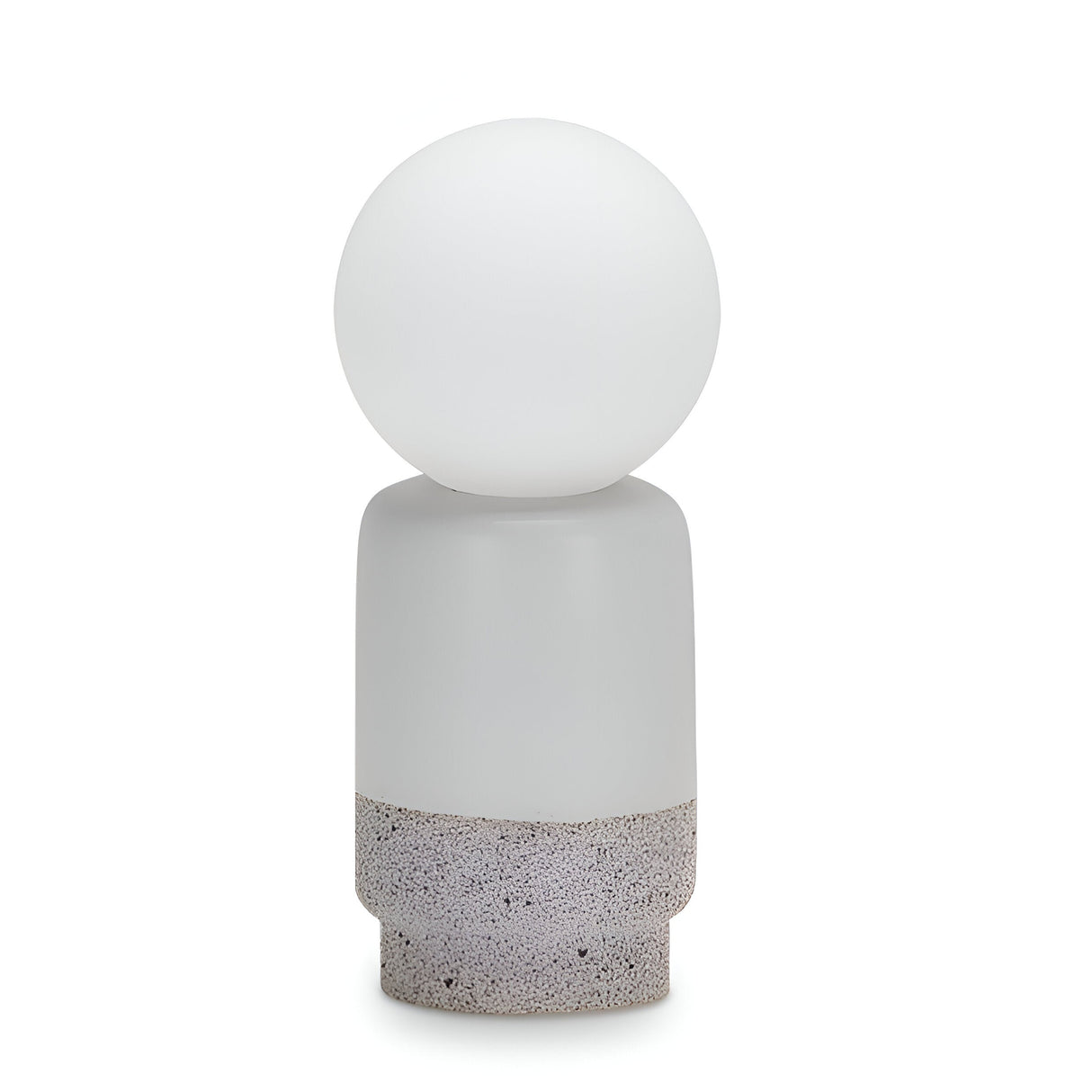 The Brillara Large Table Lamp - Grey boasts a modern design with a round white glass globe resting on a cylindrical frosted glass base, supported by a cement bottom section. Its minimalist style provides ambient lighting that enhances any contemporary space.