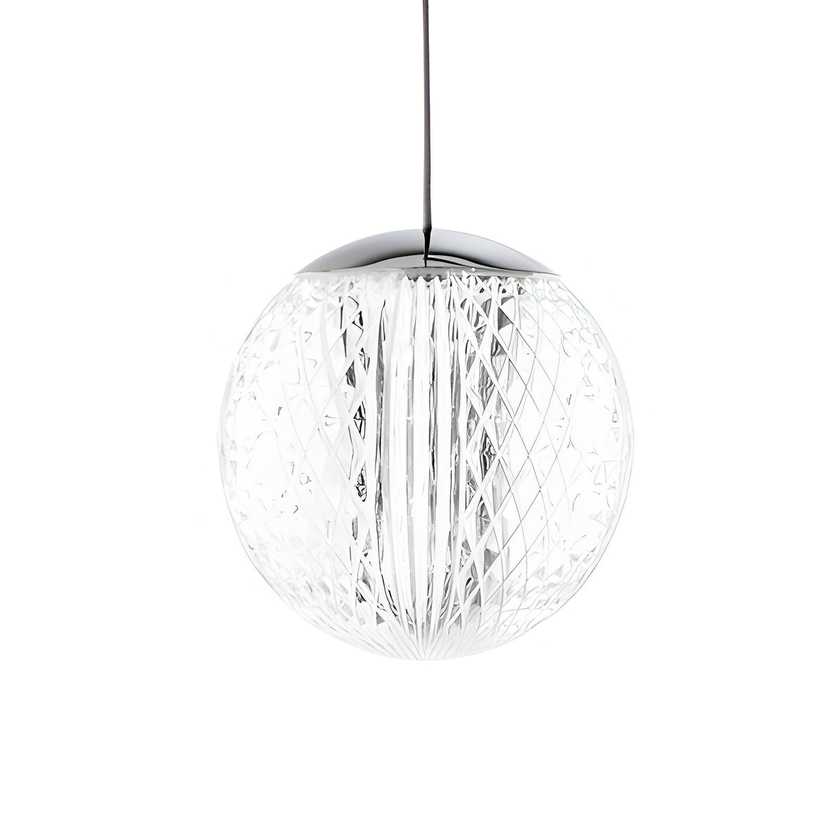 The Lustris 1 Light LED Glass Pendant, featuring a 6.5W LED in a sleek silver finish, showcases a clear, textured spherical glass shade suspended from a thin black cord. Its geometric patterns complement modern interiors by creating an intricate design that pairs stylishly with energy-efficient illumination against the plain white backdrop.
