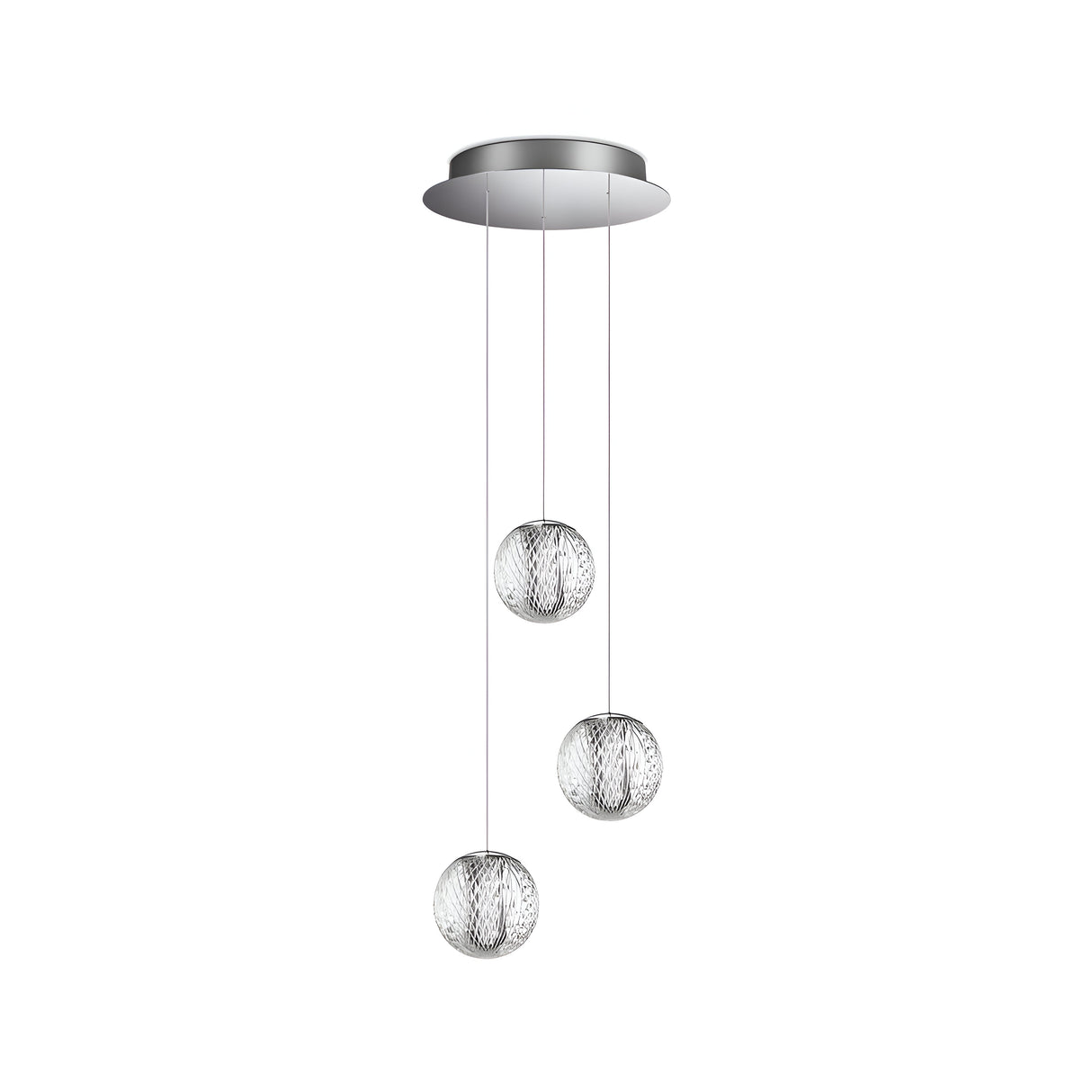 The Lustris 3 Light LED Cluster Pendant 16W 3000K in Silver boasts three spherical, textured glass shades with crystal-effect diffusers, suspended at different lengths from a round metallic base. Each globe provides an energy-efficient, soft glow for a stylish and elegant lighting solution.