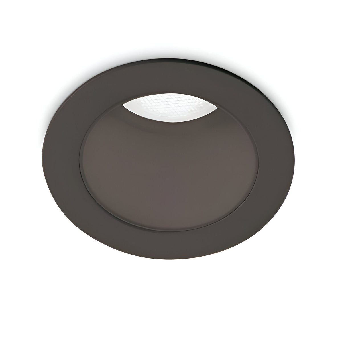 The image showcases a Clarion LED Recessed Downlight with a smooth, dark metallic finish. This round ceiling light fixture, noted for its modern design, provides subtle reflections while being highly energy-efficient.