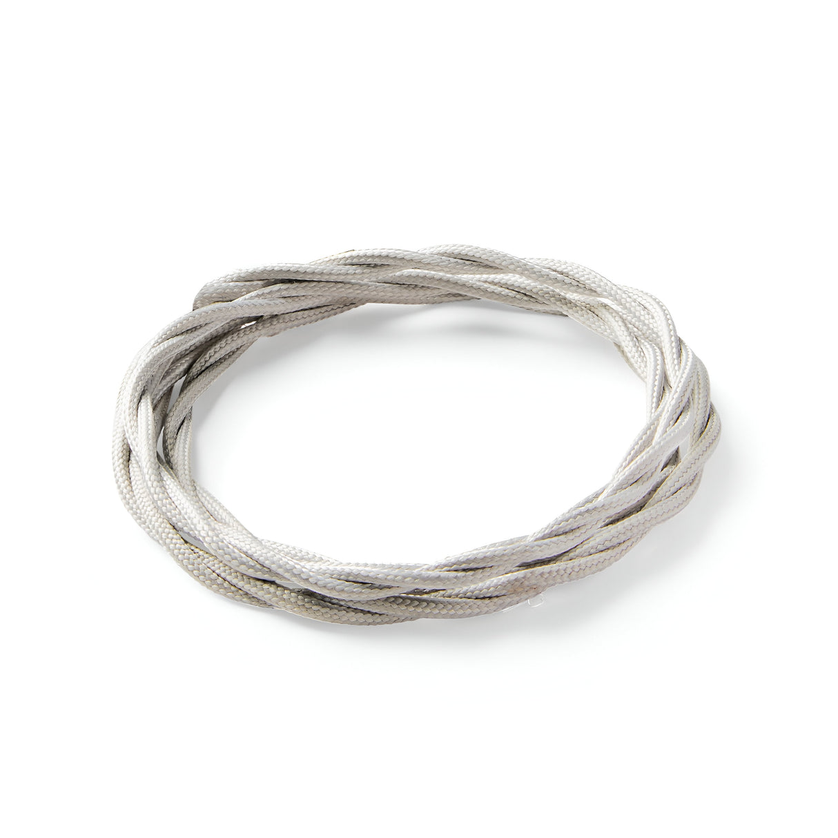 A coiled length of the Next Braided Fabric Cable 10m in grey is neatly arranged on a white background, ideal for custom lighting projects and pendant lights.