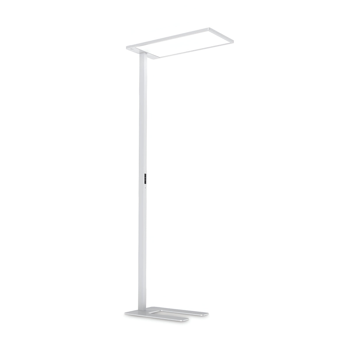 The Luminor LED Floor Lamp 76W 4000K - White is a sleek and modern lighting solution, featuring a rectangular base and a thin, straight pole. Its minimalist design includes a rectangular, flat light panel at the top and is finished in white. The lamp is equipped with a dimmer switch for adjustable brightness.