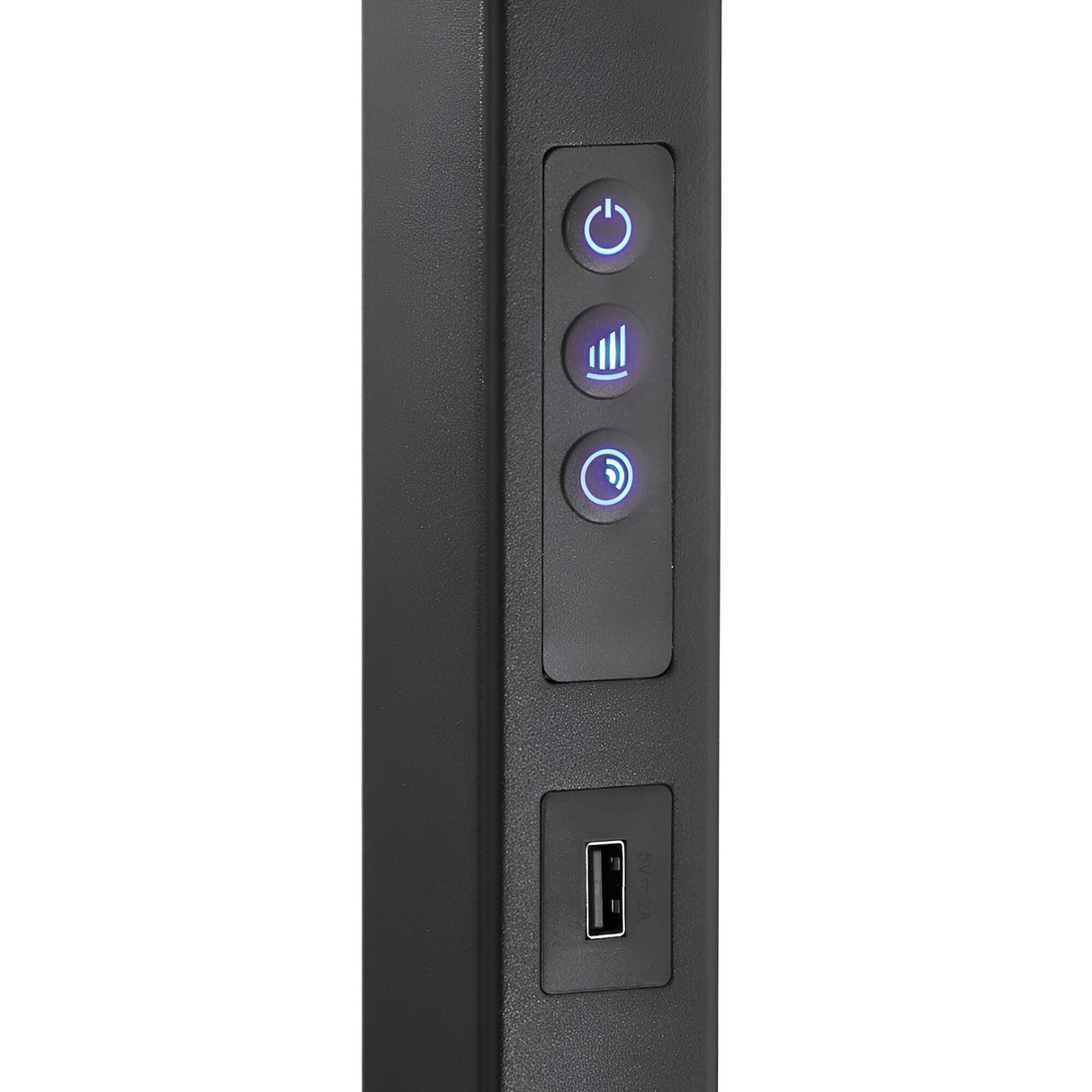 A close-up of the edge of a black electronic device, reminiscent of the stylish design of the Luminor LED Floor Lamp 76W 4000K - Black, features three illuminated blue buttons for power, signal, and Wi-Fi. Elegantly positioned beneath the buttons is a USB port.