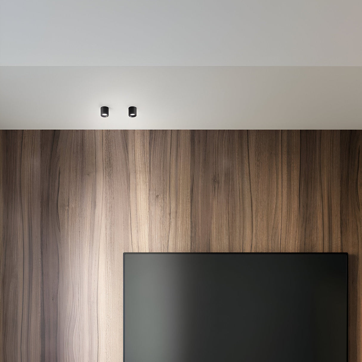 A minimalist room with a wooden wall showcasing smooth grain patterns. A large, flat-screen TV is mounted below, while two Solace LED Round Downlights 4W 4000K in black cast a soft glow from above.