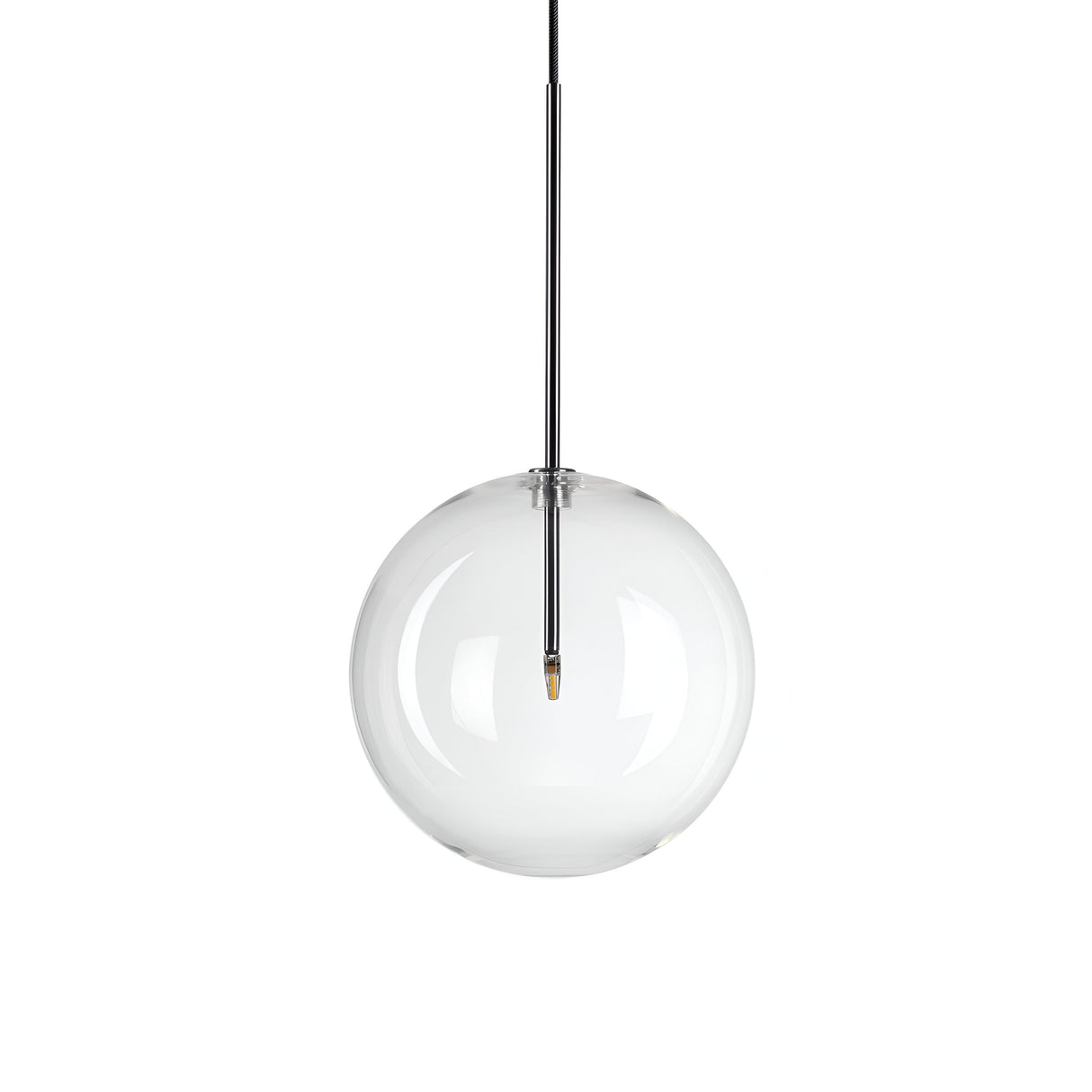 The Solarae 1 Light Glass Pendant in chrome, with a sleek 25cm design, encapsulates a single bulb and extends vertically through the top. Its minimalist style embodies modern lighting at its finest, offering a sleek and elegant appearance.