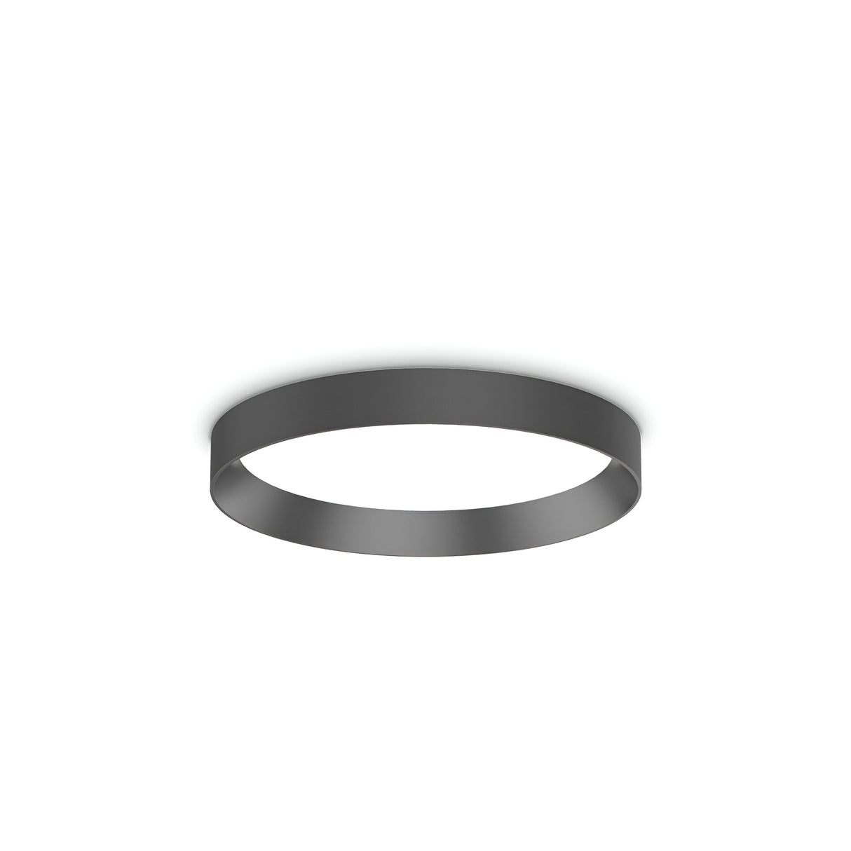 The Spark LED Flush Light 18W 3000K in black, measuring 35cm, offers a minimalist circular design with a modern touch. It employs energy-efficient LED technology to provide a subtle glow around its edges when mounted on a white ceiling. This fixture embodies a contemporary and understated aesthetic.