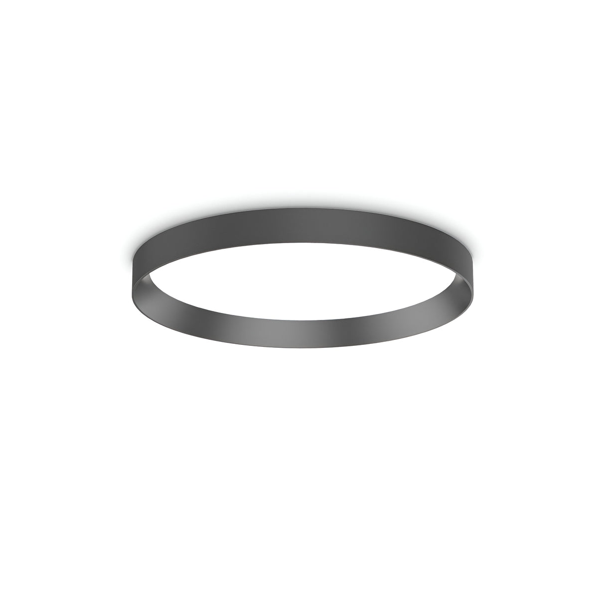 The Spark LED Flush Light 26W 4000K in black, measuring 45cm, offers a sleek and minimalist design with its circular shape. This contemporary ceiling light fixture delivers energy-efficient lighting and is elegantly mounted on a white ceiling.