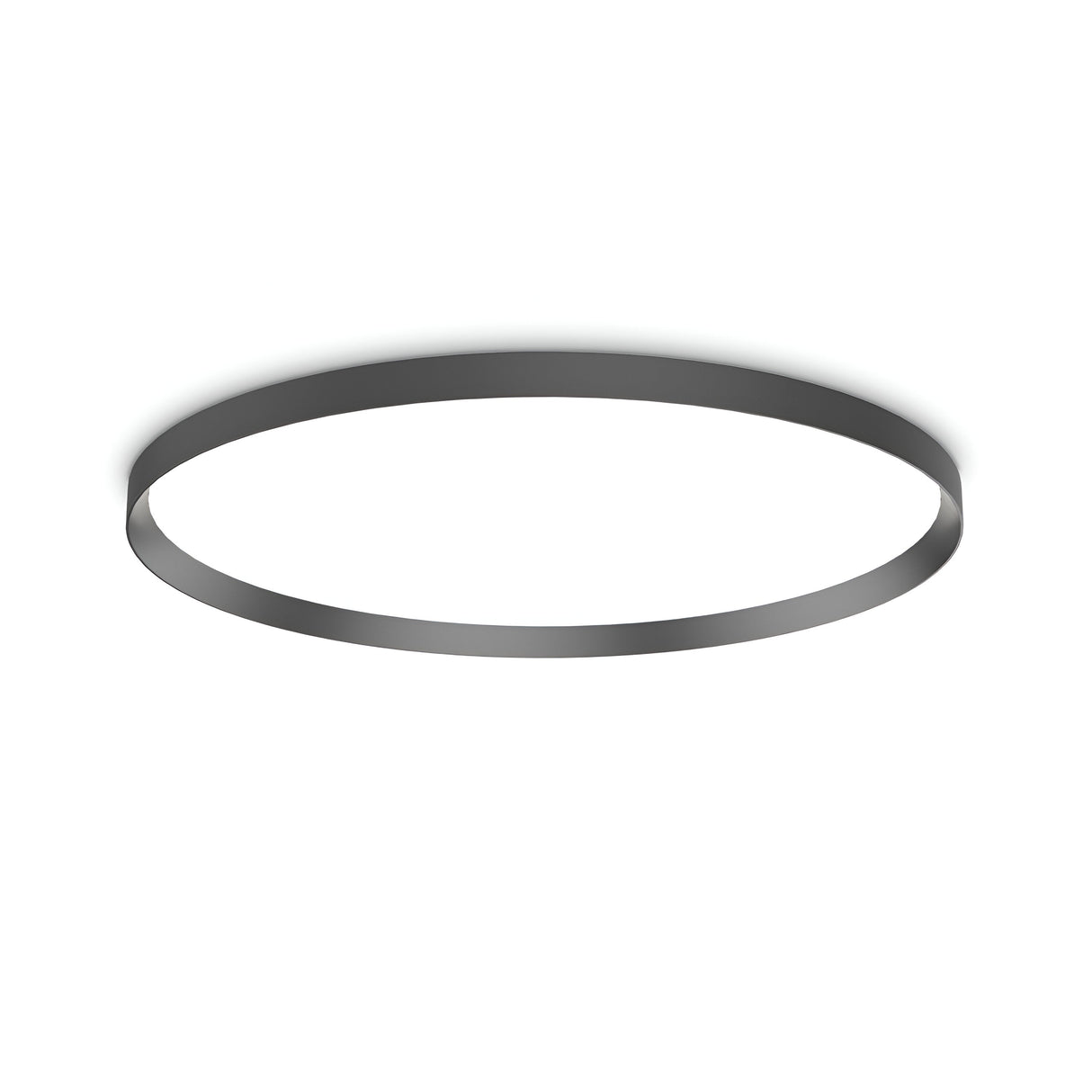 The Spark LED Flush Light 65W 3000K - Black, with a minimalist round design, is mounted on a white ceiling. Its thin black frame and energy-efficient LED technology provide a modern lighting fixture that emits a soft, even glow around its perimeter.