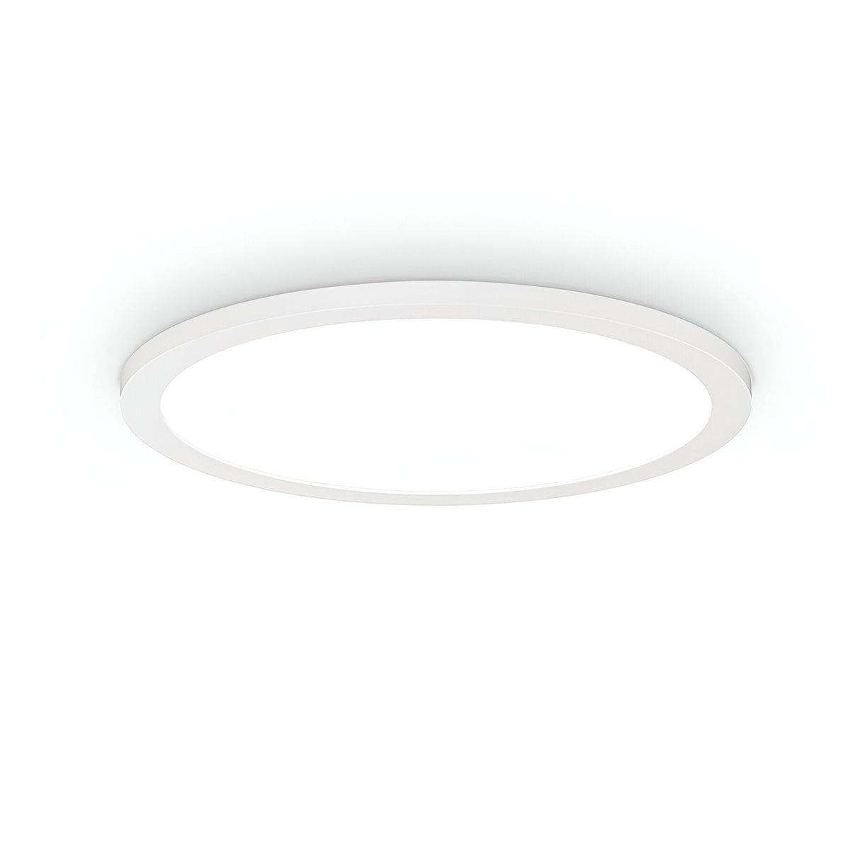The Spark Slim LED Flush Light 53W 4000K in white, with a diameter of 60cm, is mounted on the ceiling. Its sleek frame and flat design emit a soft, energy-efficient glow, making it ideal for those who favor minimalist and contemporary lighting styles.