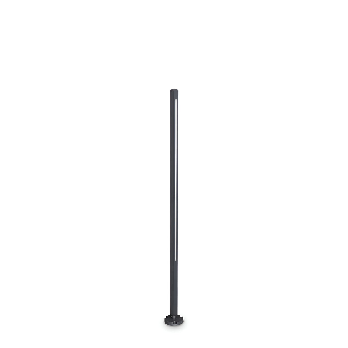 A sleek grey Arcera Outdoor LED Bollard Light, standing at 120cm with a slender vertical design and a compact circular base, showcases energy-efficient illumination, placed against a plain white background.