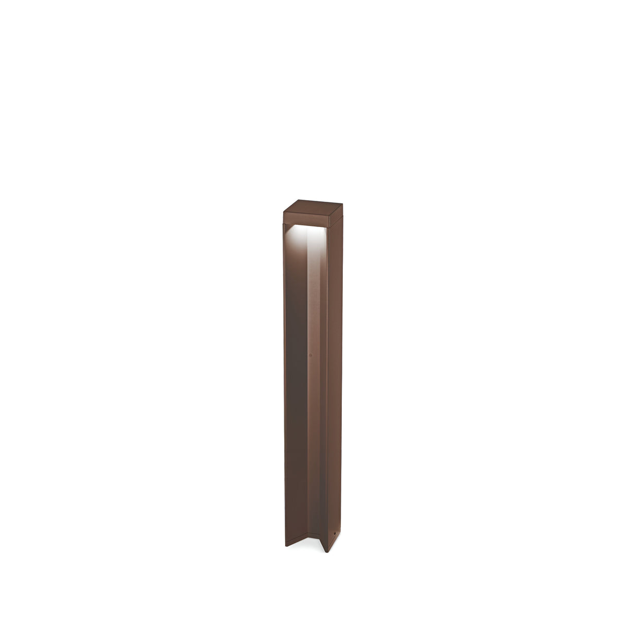 The Viritis Outdoor LED Bollard Light 12W 3000K in brown, featuring a modern design crafted from powder-coated aluminium with a narrow illuminated panel and an IP54 durability rating, is showcased elegantly on a white background.