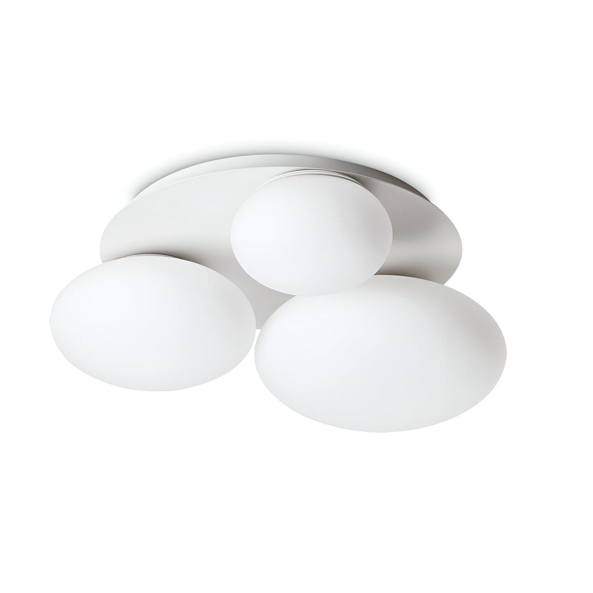 The Halion 3 Light Flush - White ceiling fixture features a minimalist design with three overlapping oval-shaped white shades on a circular base, providing modern lighting that creates a sleek and elegant appearance. Its design offers diffused light against a plain white background, enhancing an effortlessly chic ambiance.