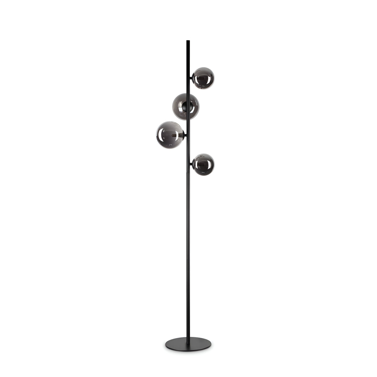 The Solana Floor Lamp - Black boasts a minimalist design with a sleek black metal stand and three glossy, spherical lampshades arranged vertically. It provides ambient lighting with reflective lampshades that enhance any modern decor with a contemporary flair.