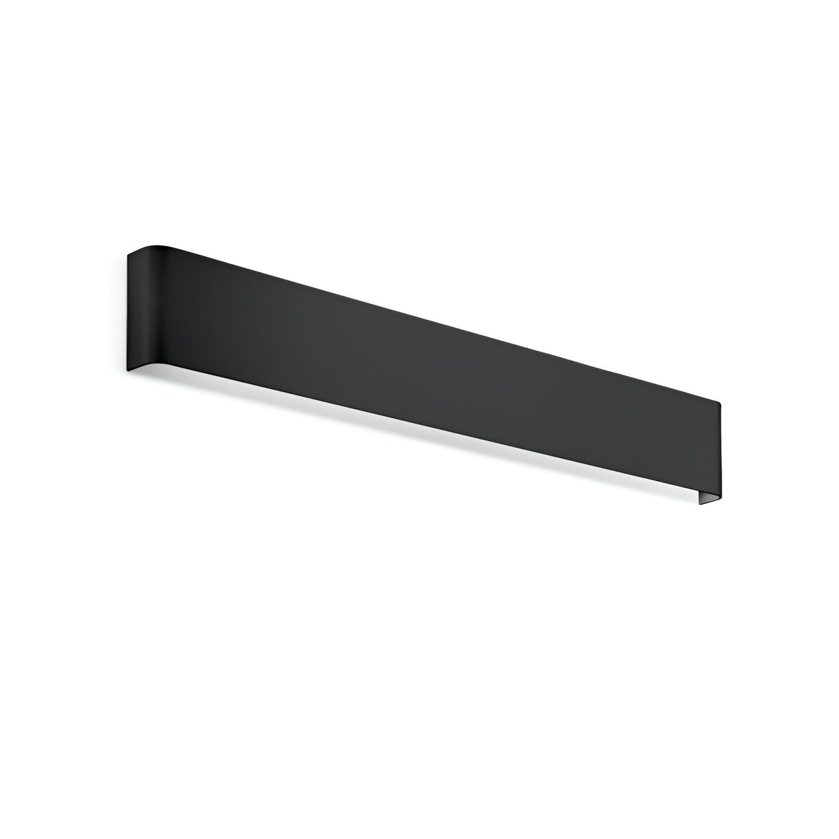 The Clarityx LED Wall Light 37W 4000K - Black, 61cm features a sleek and minimalist design. This elongated matte black fixture delivers energy-efficient light evenly downward, making it an ideal complement to its simple white backdrop.