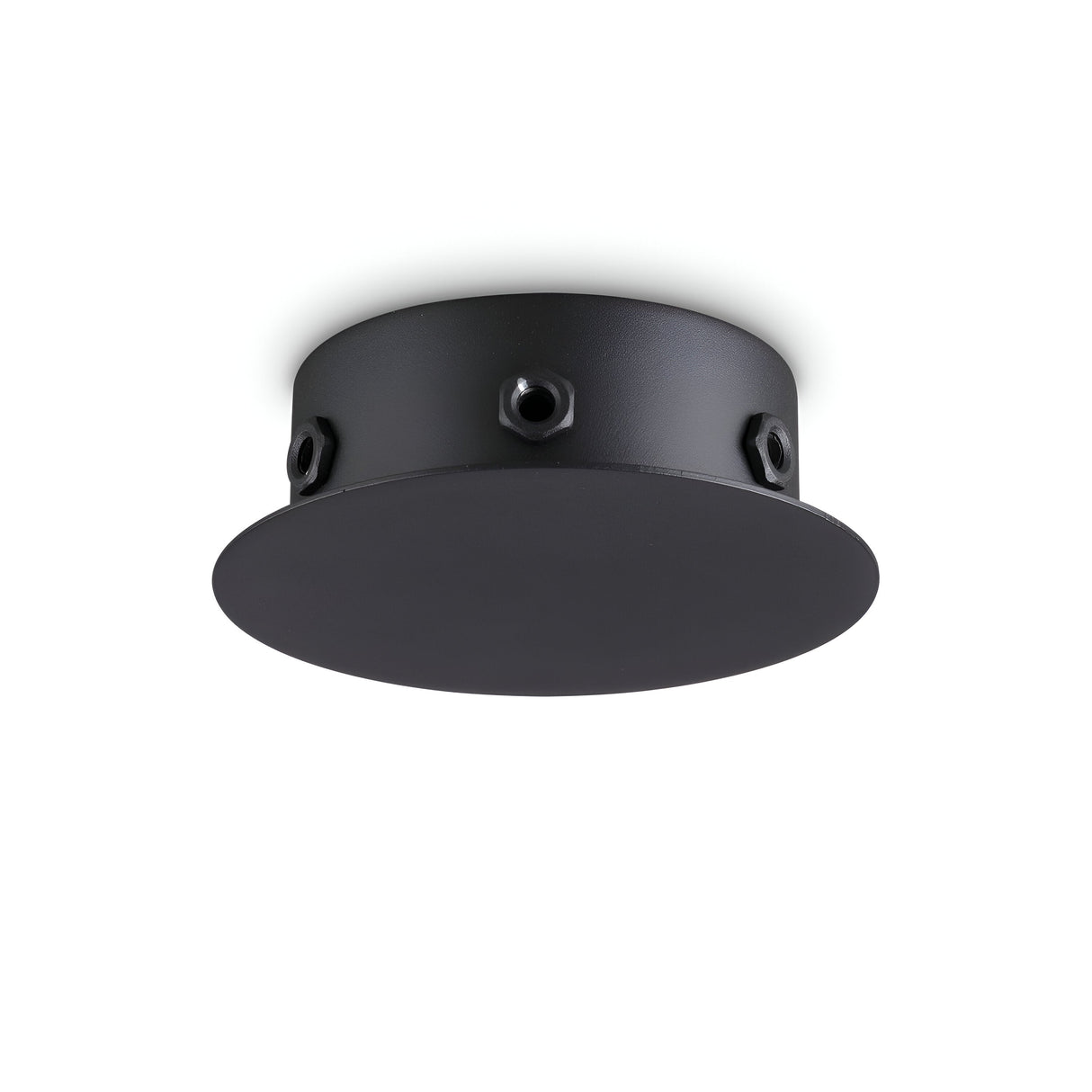 The Glacia 6 Light Magnetic Ceiling Rose in black features a sleek, minimalist design with a flat circular base, resembling modern lighting setups and designed to be mounted directly onto the ceiling.