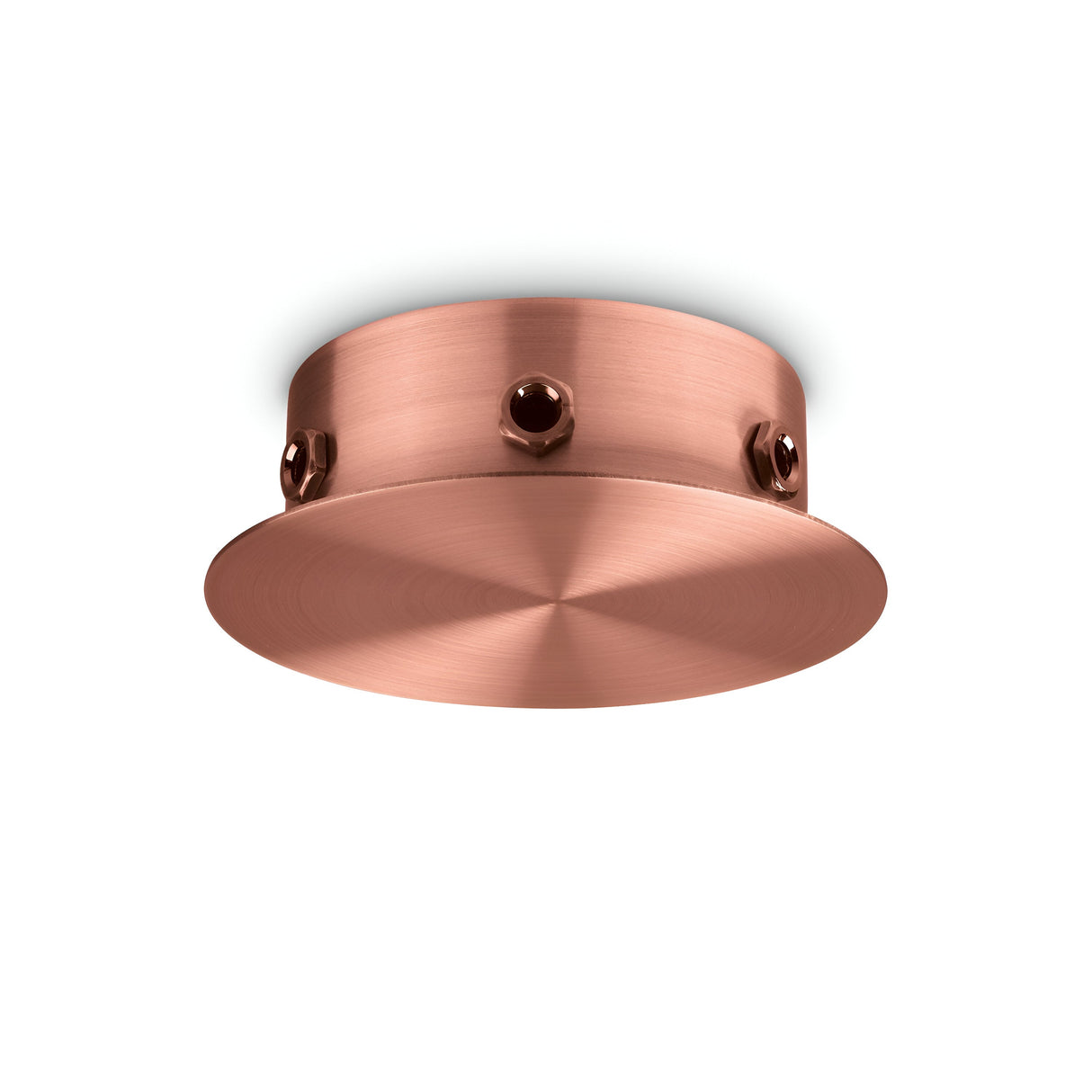 The Glacia 6 Light Magnetic Ceiling Rose in copper boasts a sleek design with a smooth, metallic finish, enhanced by its pendant light support. It creates an elegant contrast against a plain white background.