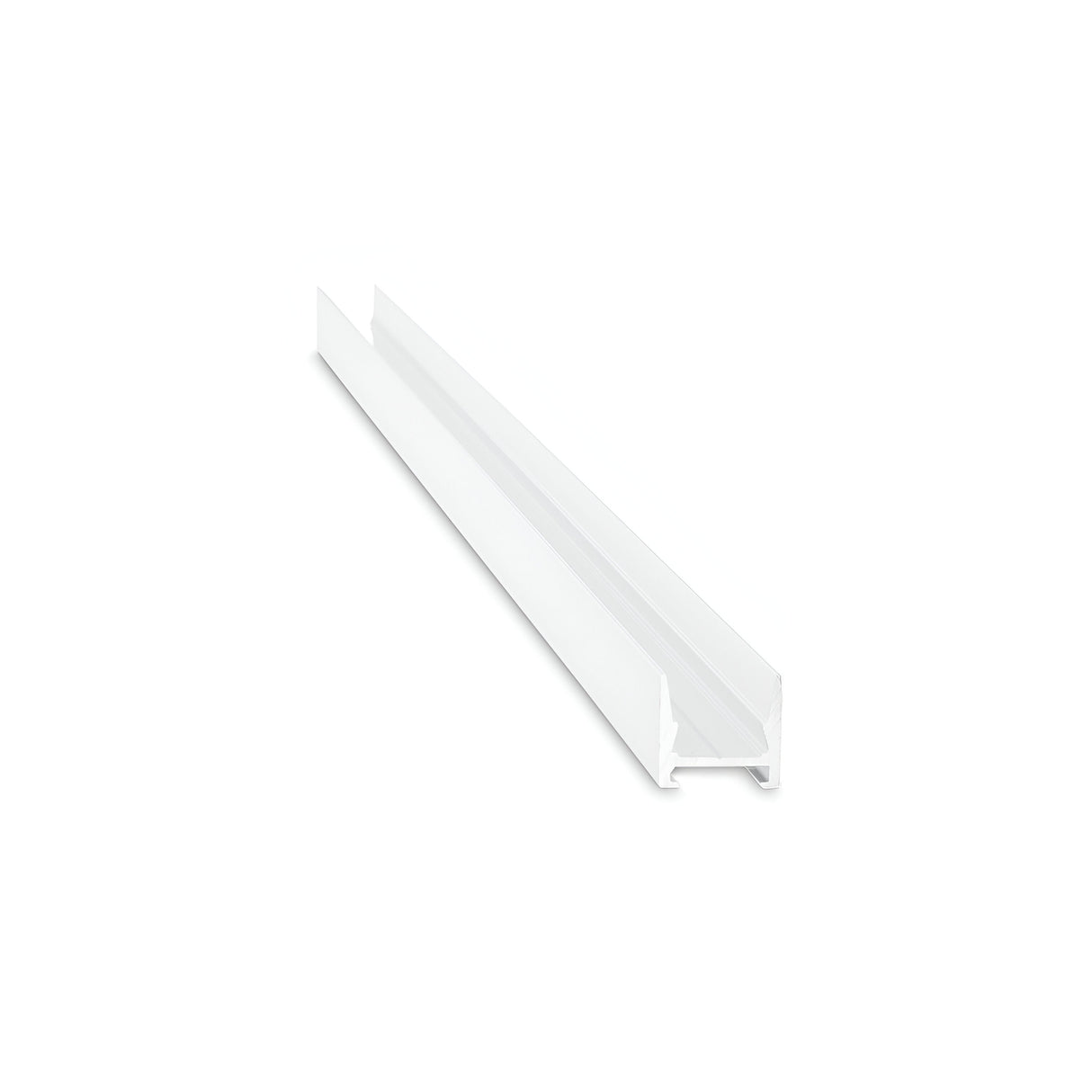 The Arcus LED Profile Cover 2m - White, measuring 16x15cm, is a long rectangular plastic channel featuring a U-shaped groove in the center and is positioned diagonally against a plain white background.